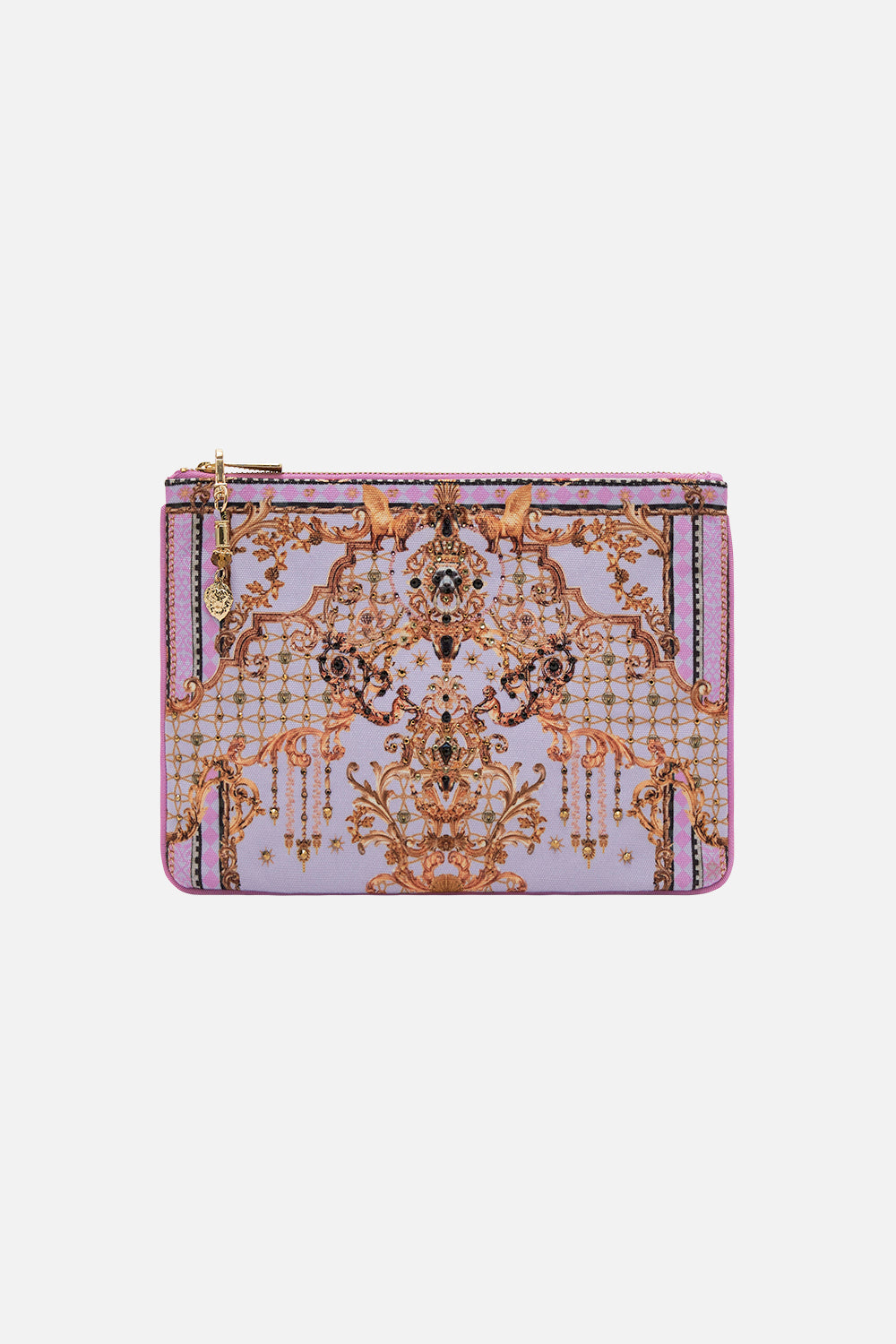 Product view of CAMILLA printed clutch in Lavender Ever After print