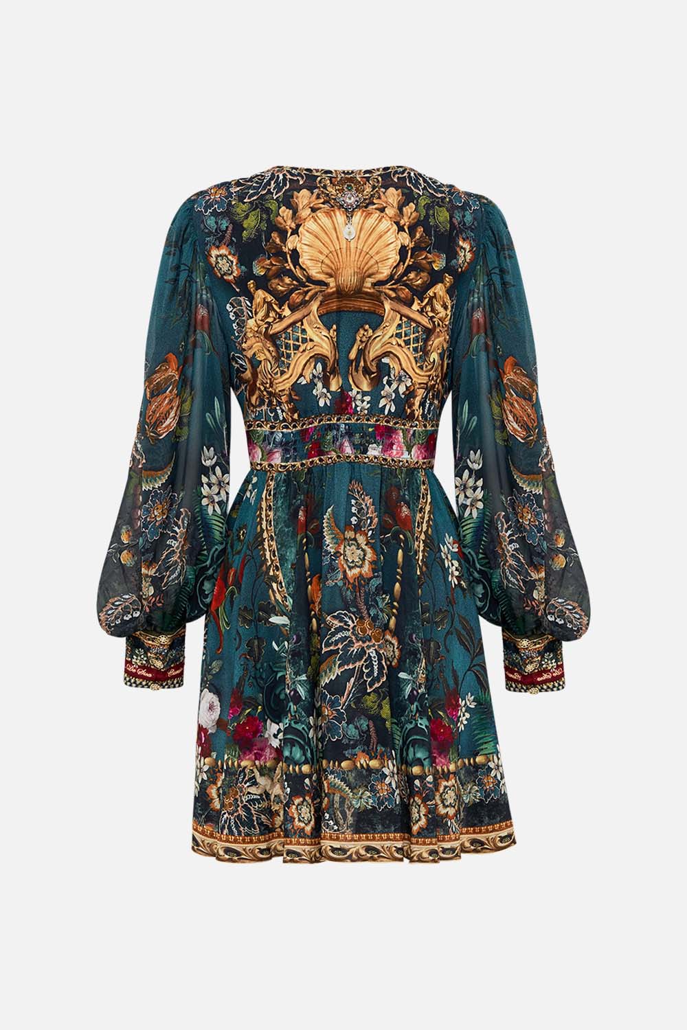 Video of model wearing CAMILLA green silk dress in Verdis World print