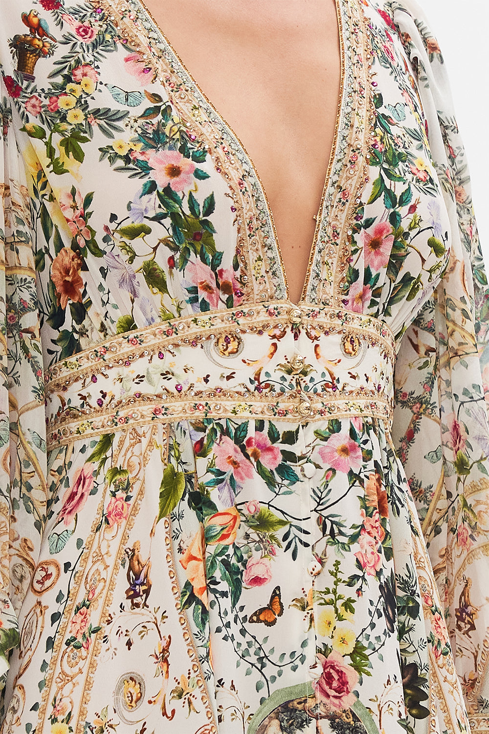 Detail view of model wearing CAMILLA silk maxi dress in Renaissance Romance print