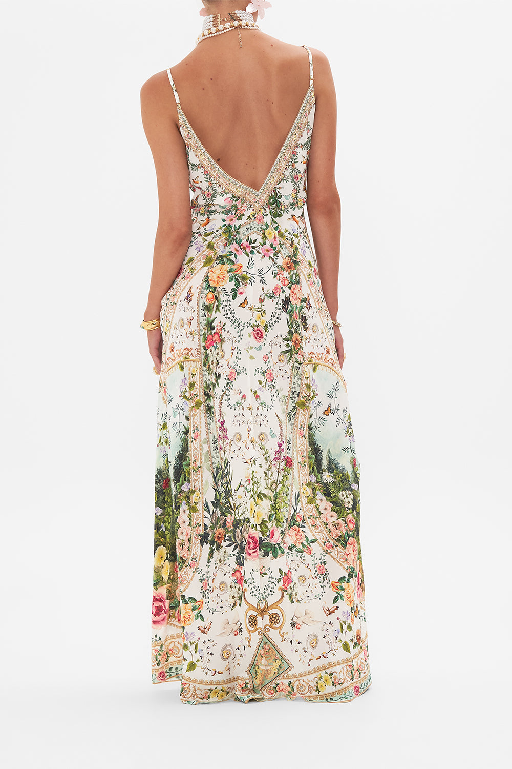 Back view of model wearing CAMILLA silk bias slip dress in Renaissance Romance print