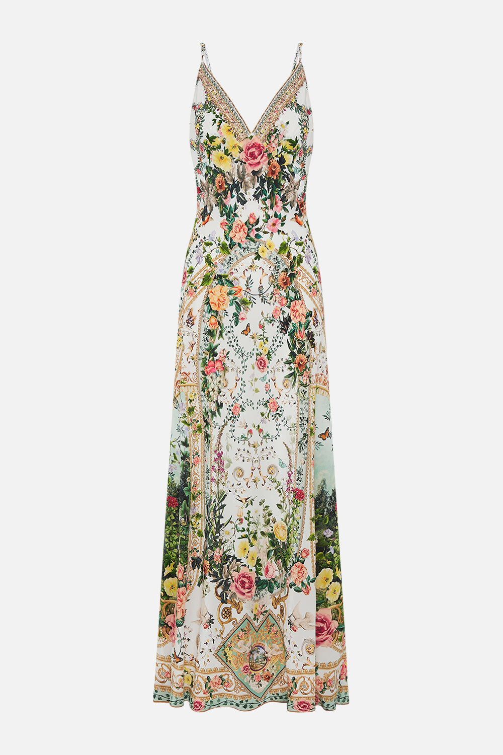 CAMILLA silk bias slip dress in Renaissance Romance print