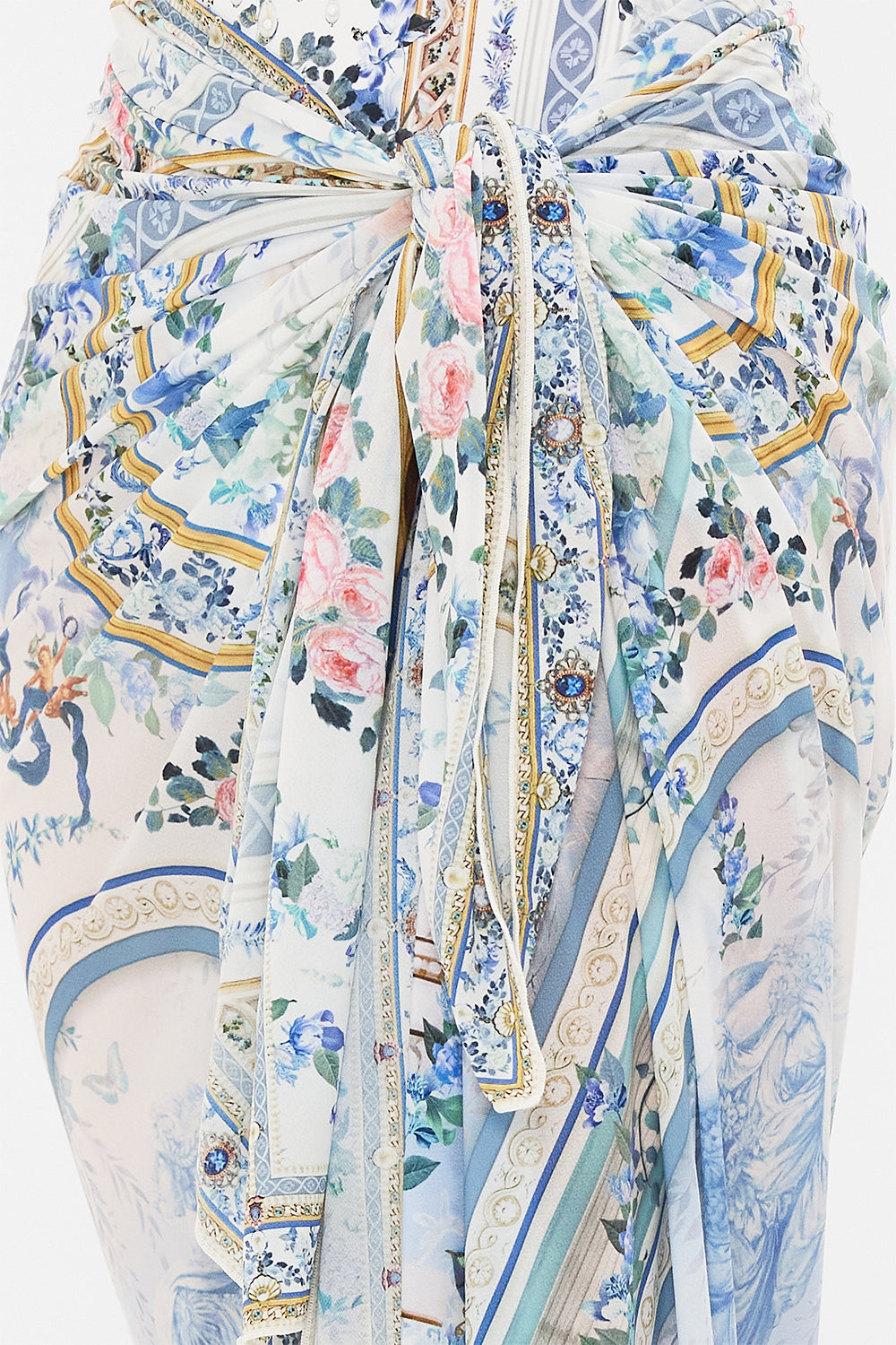 Detail view of model waering CAMILLA long sarong in Season Of The Siren print