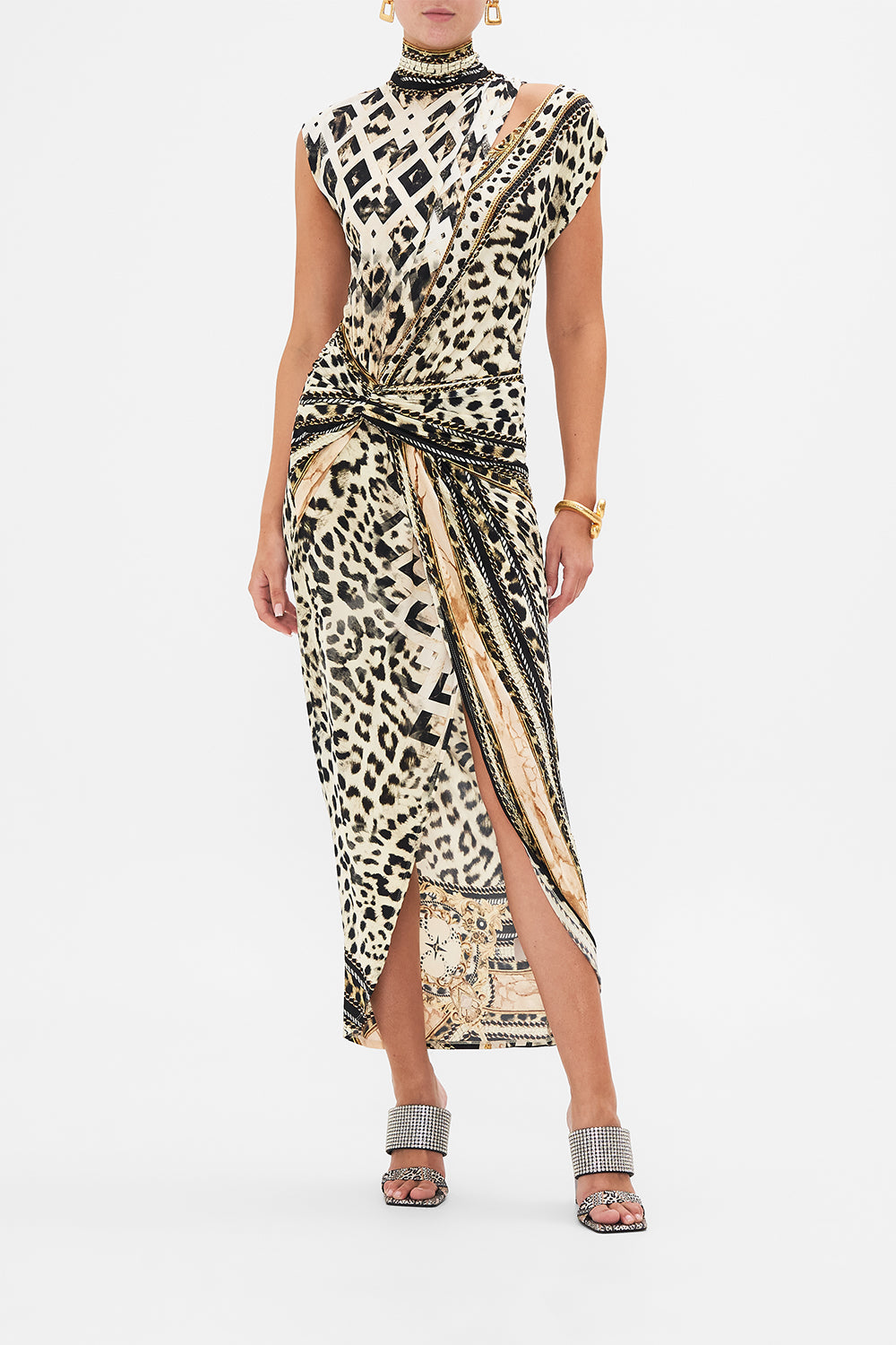 Front view of model wearing CAMILLA jersey animal print dress in Mosaic Muse print