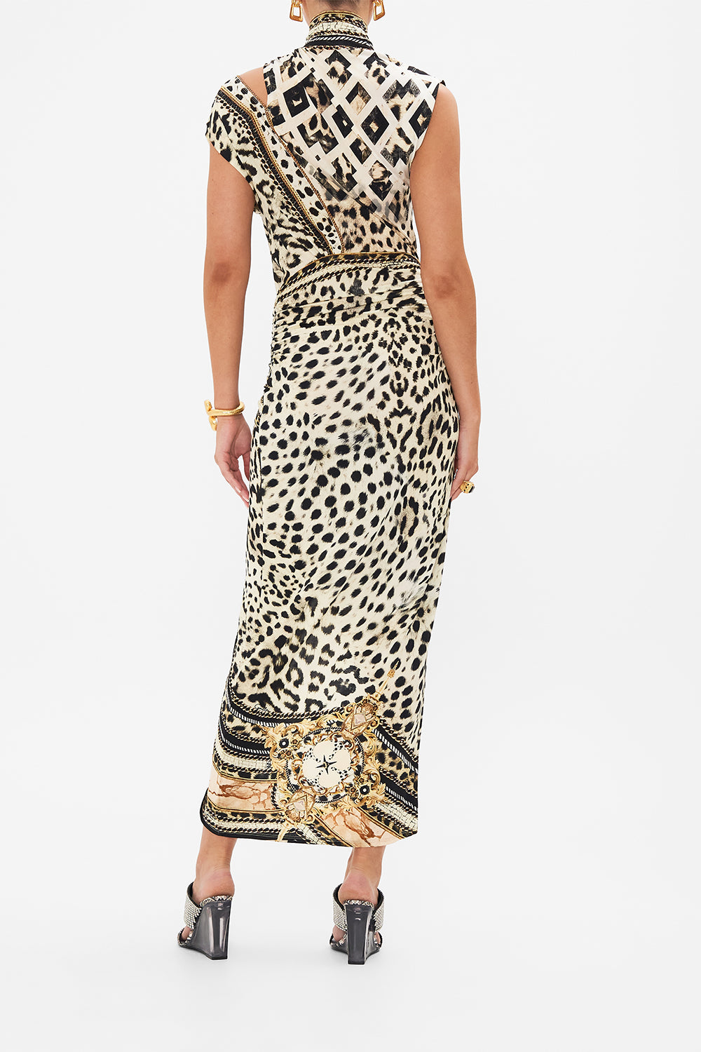 Back view of model wearing CAMILLA jersey animal print dress in Mosaic Muse print