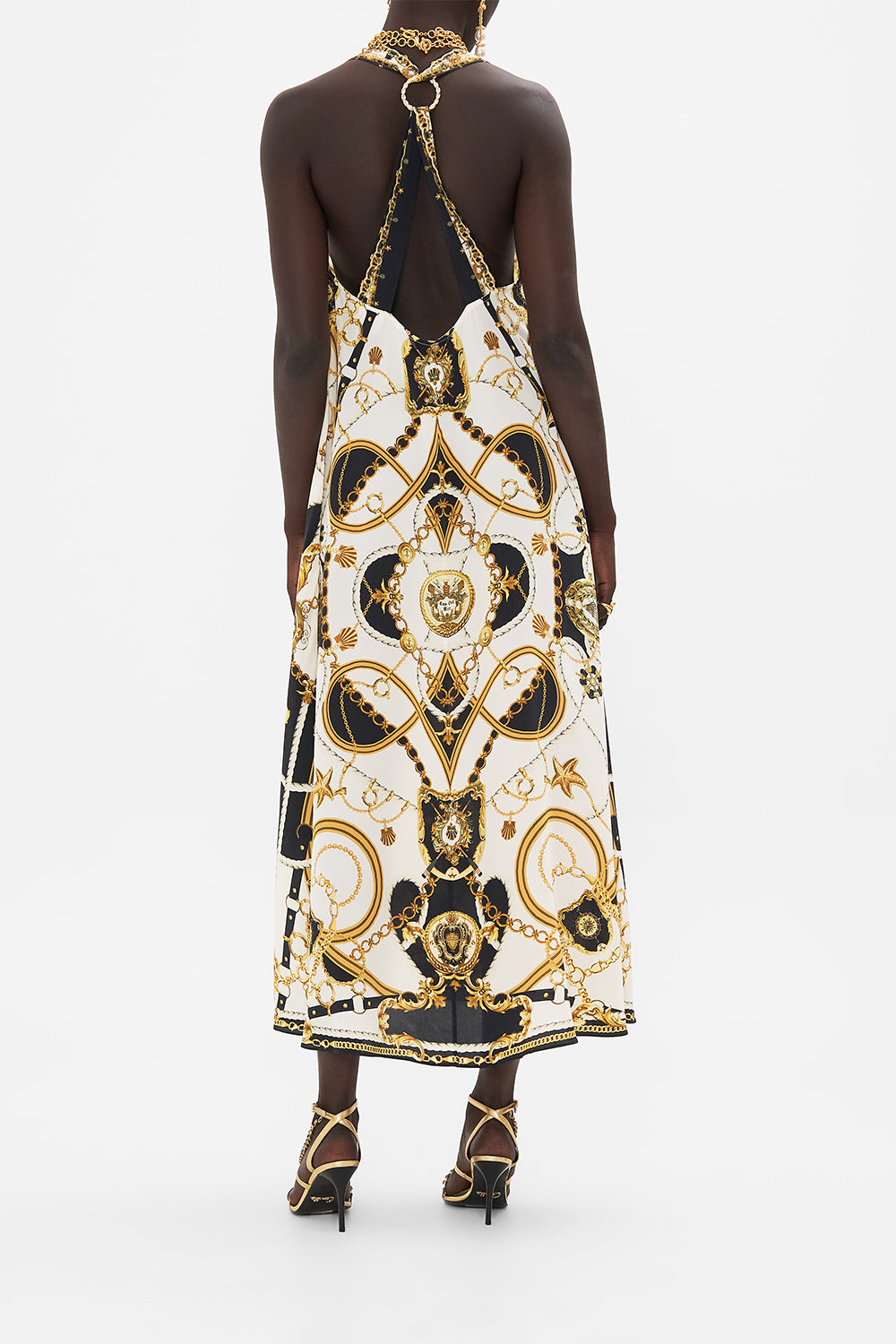 Back view of model wearing CAMILLA reacerback dress in Sea Charm print