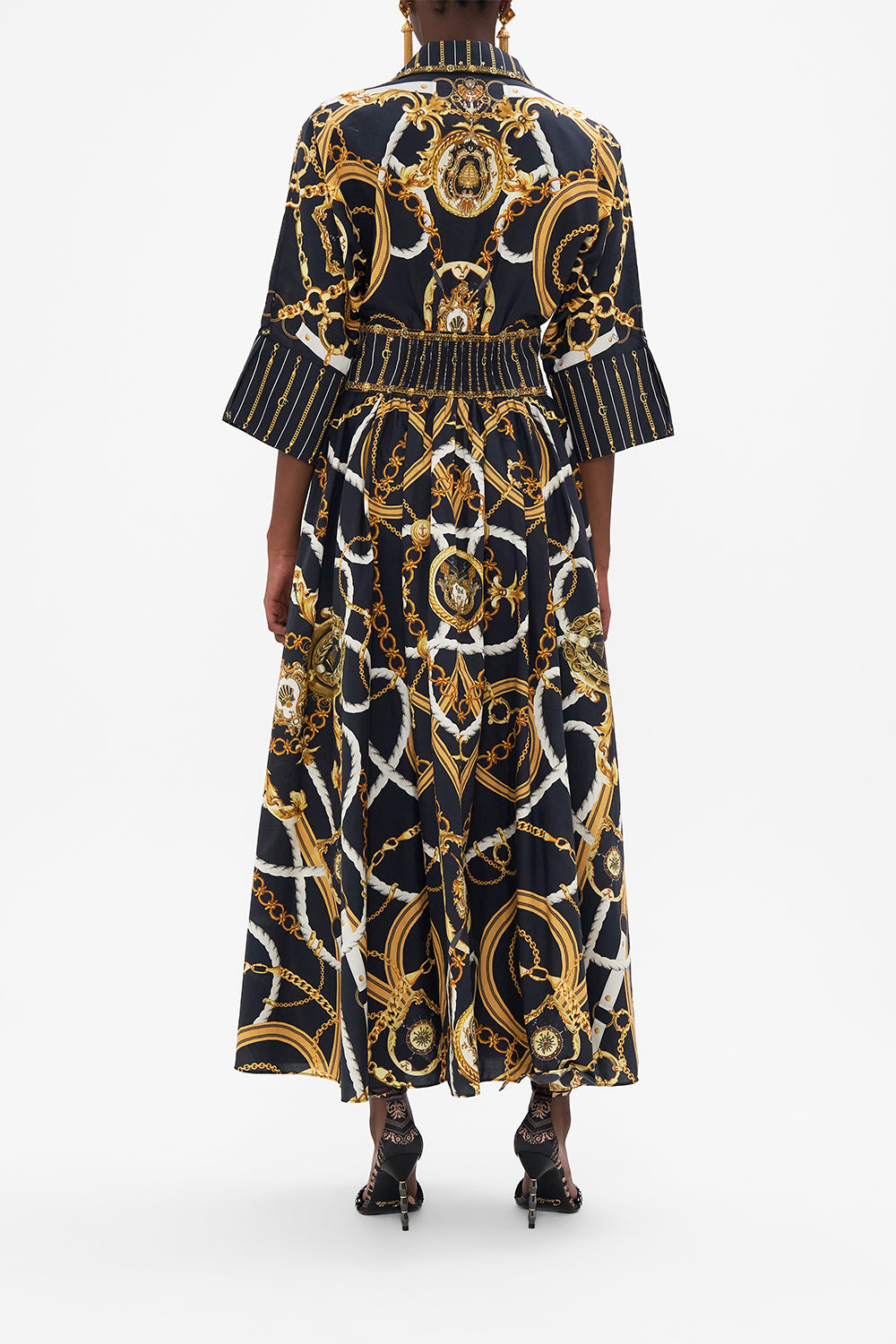 Back view of model wearing CAMILLA silkmidi dress in Coast To Coast print