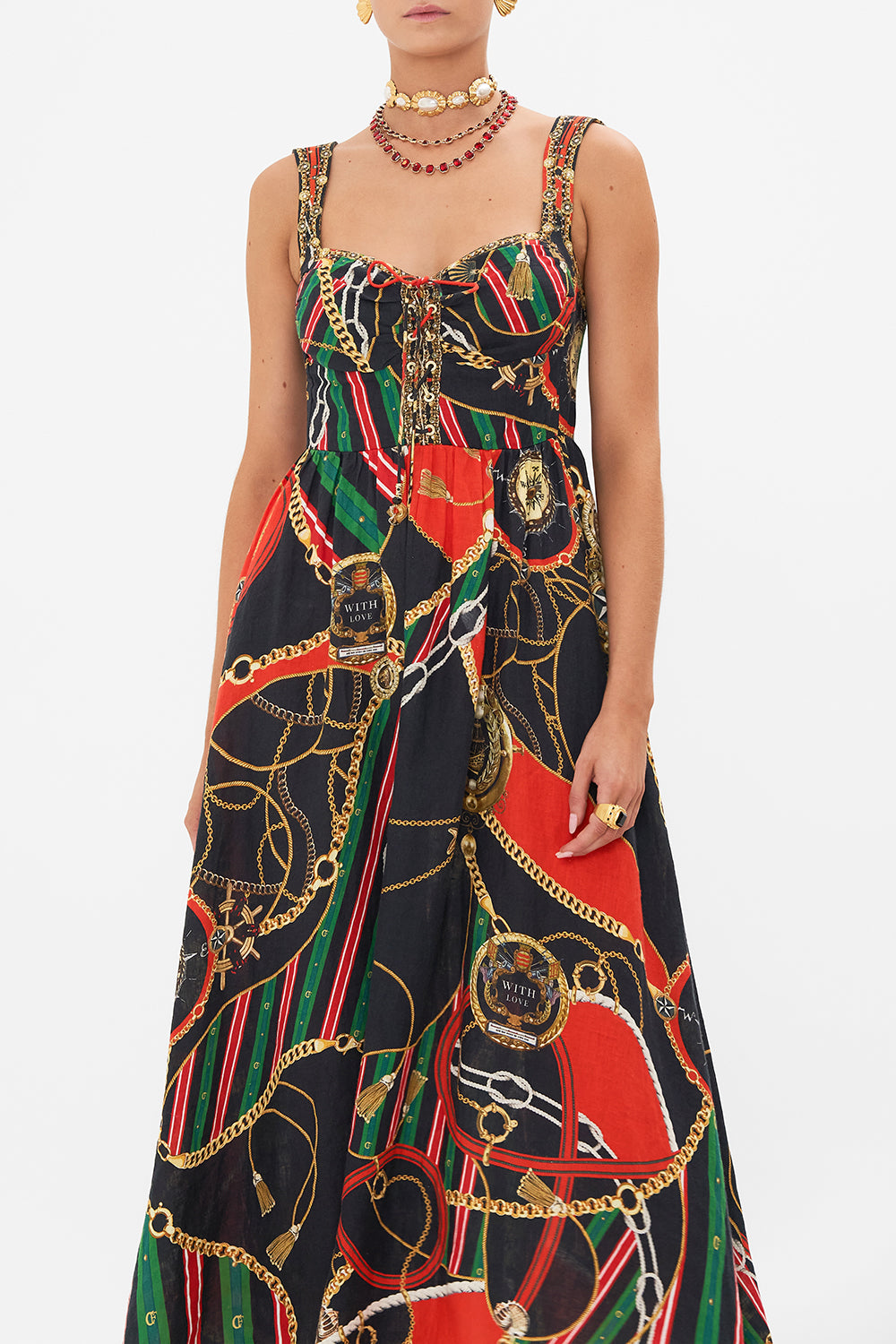 Crop view of model wearing CAMILLA bustier dress in Club Aperitivo print