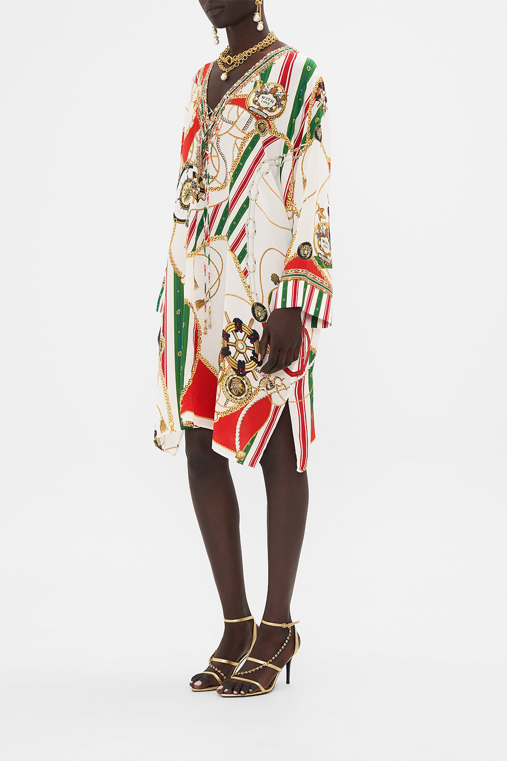 Side view of CAMILLA silk kaftan in Saluti Summertime print