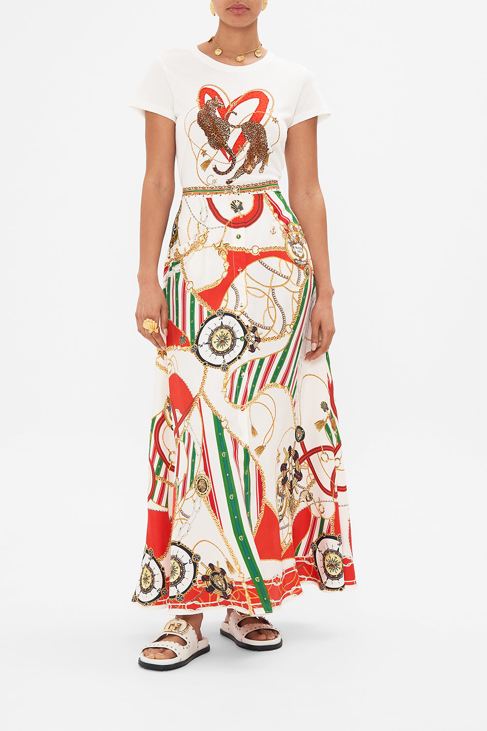 Front view of model wearing CAMILLA button through skirt in Saluti Summertime print