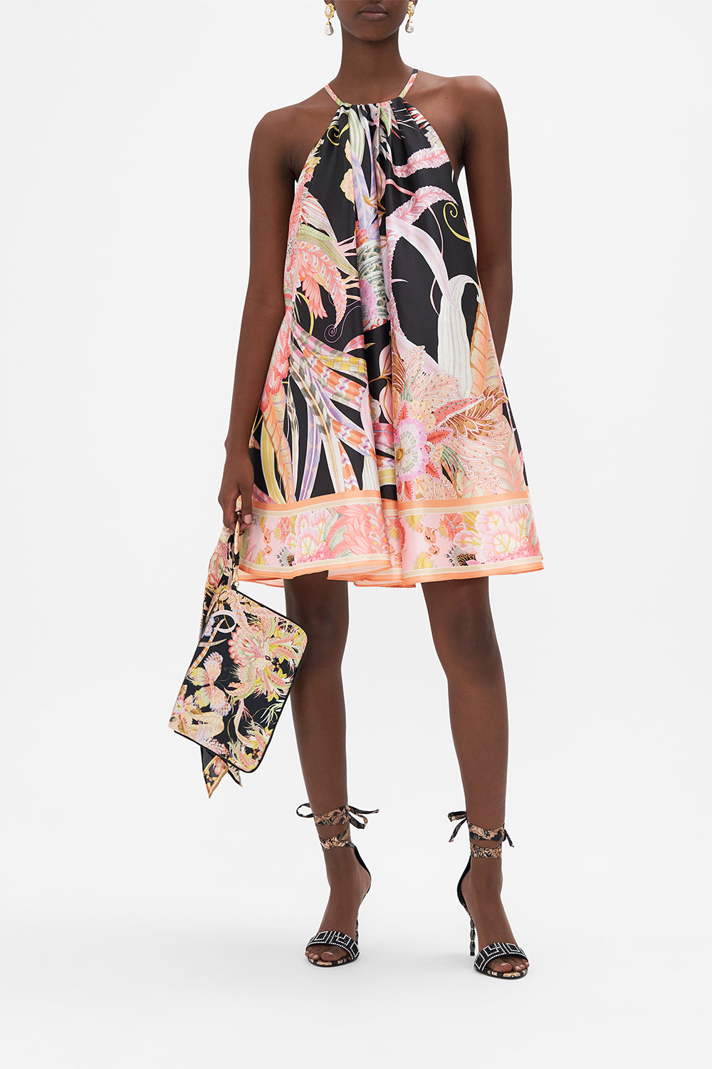 Front view of model wearing CAMILLA trapeze mini dress in Lady of The Moon print