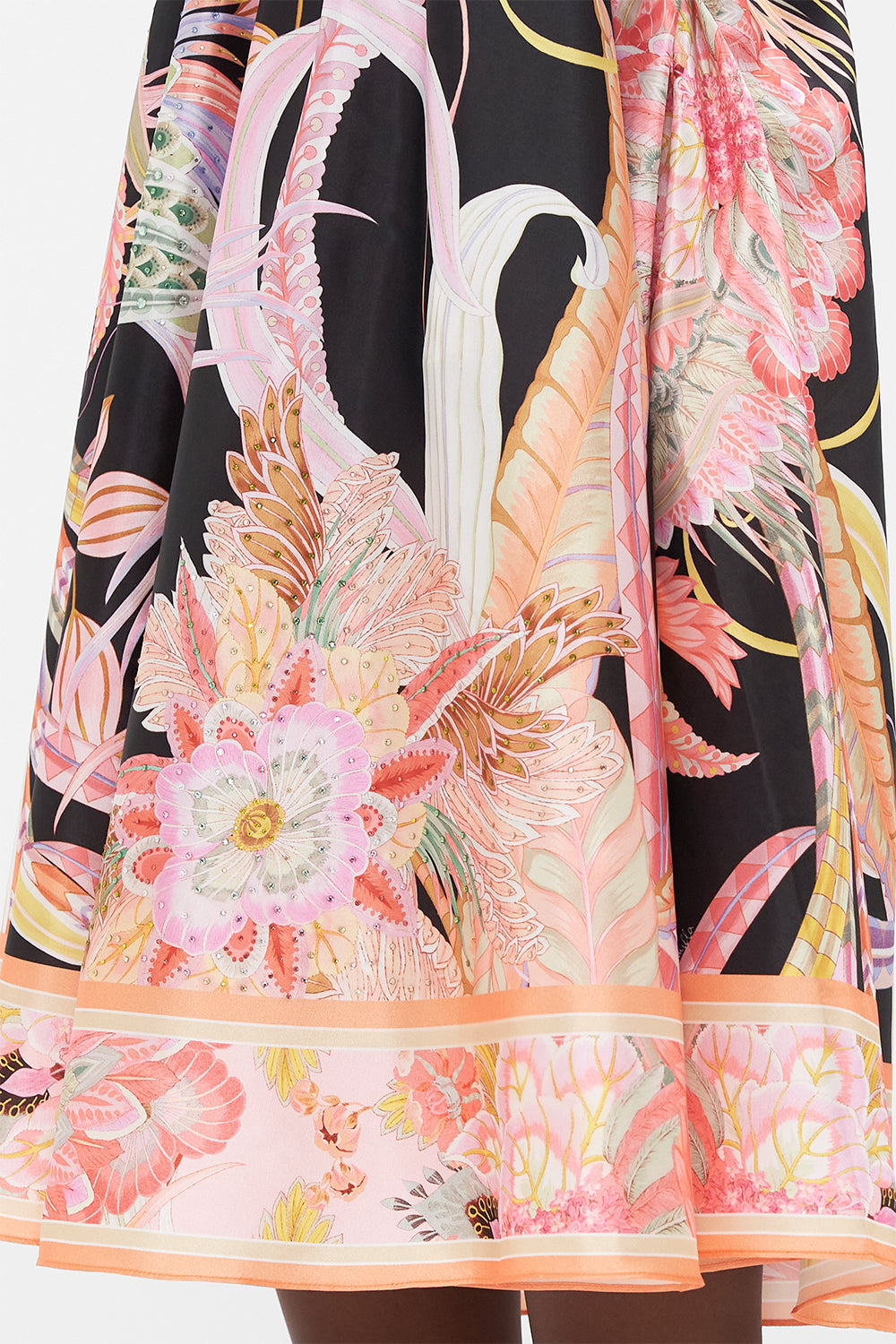 Detail view of model wearing CAMILLA trapeze mini dress in Lady of The Moon print