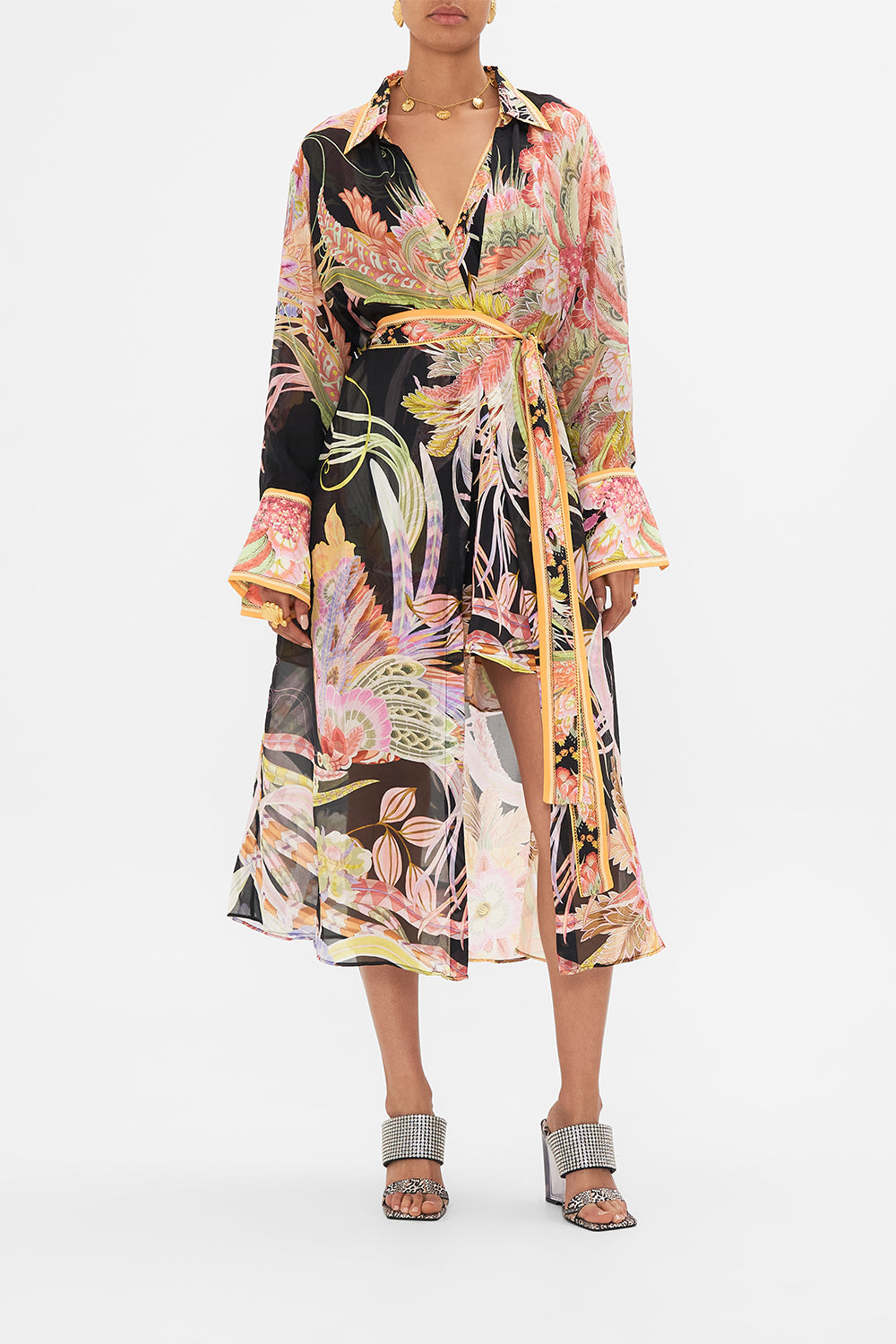 Front view of model wearing CAMILLA silk kimonop layer in Lady of the Moon print