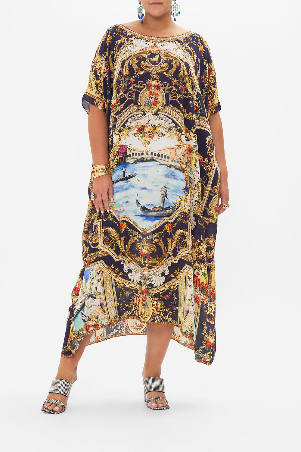 Front view of curvy model wearing CAMILLA plus size silk kaftan in Venice Vignette print