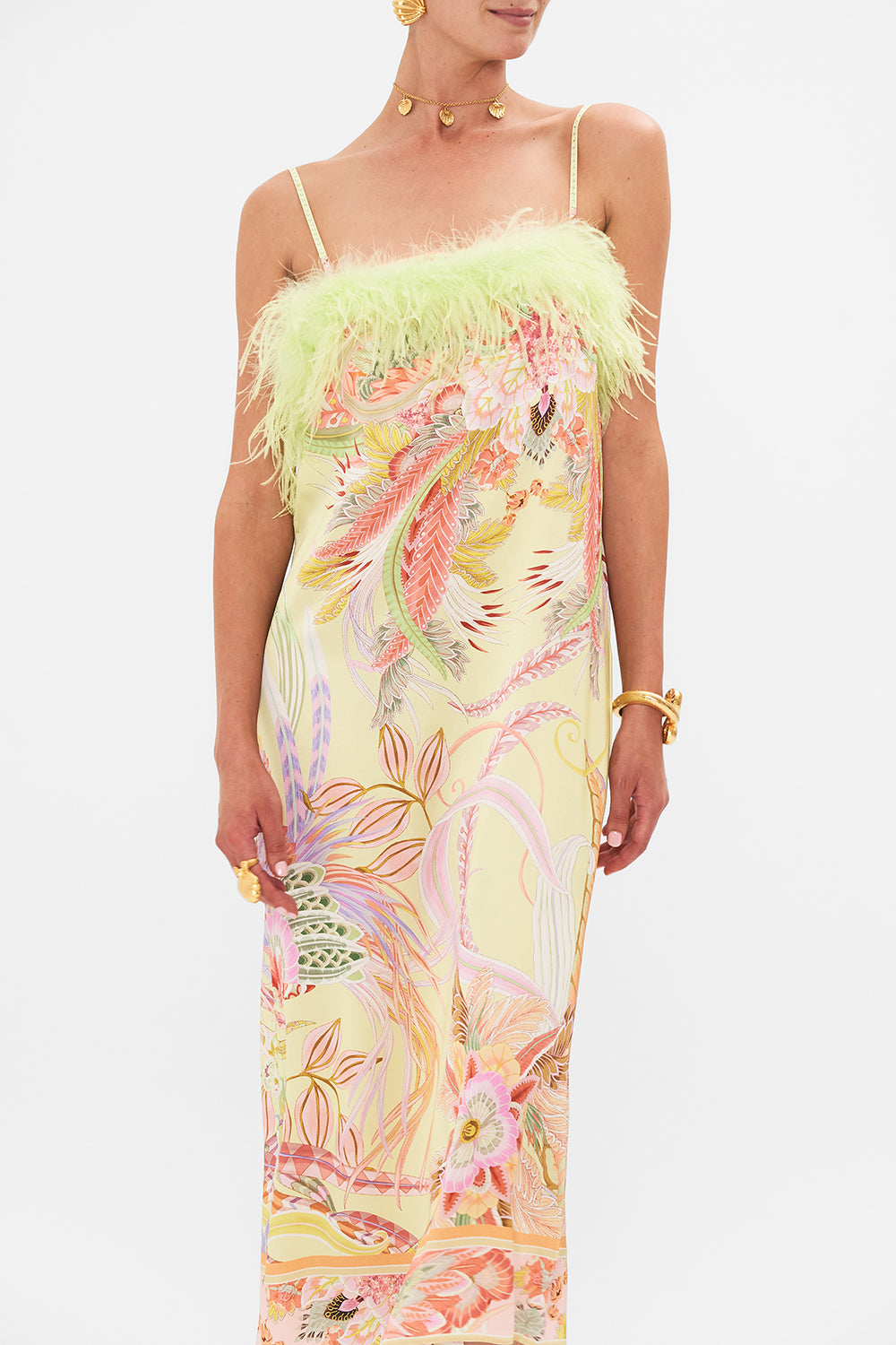 Crop view model wearing CAMILLA silk midi dress in Cosmic Tuscan print