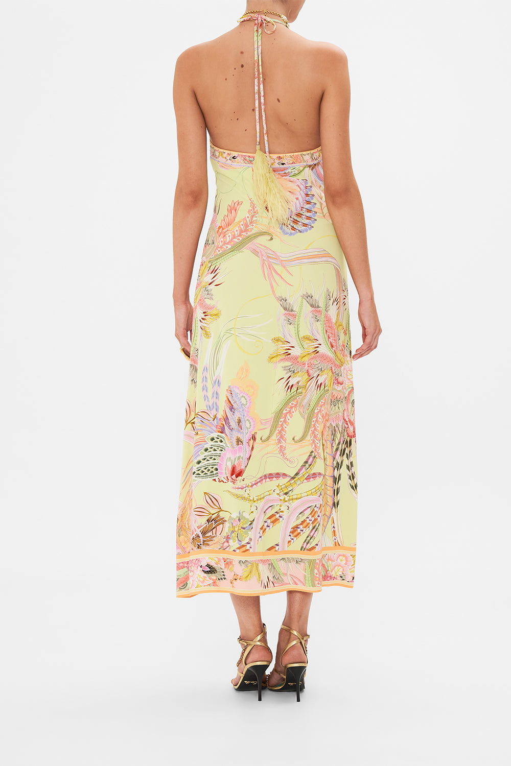 Back view of model wearing CAMILLA jersey maxi dress in Cosmic Tuscan print