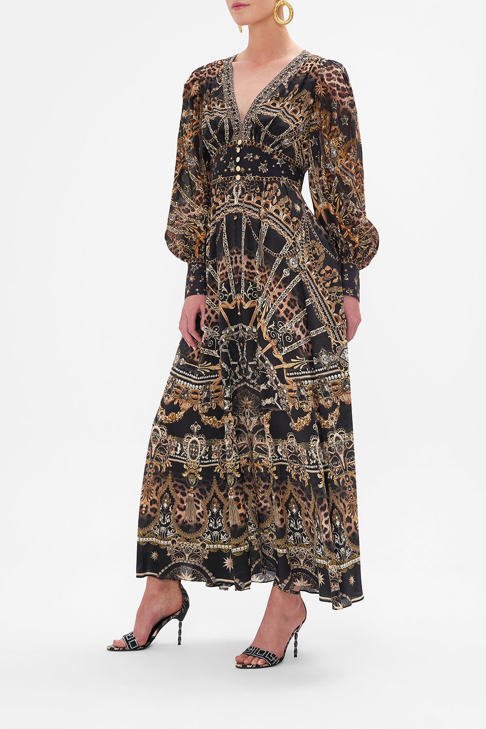 Side view of model wearing CAMILLA silk dress in Masked Moonlight print