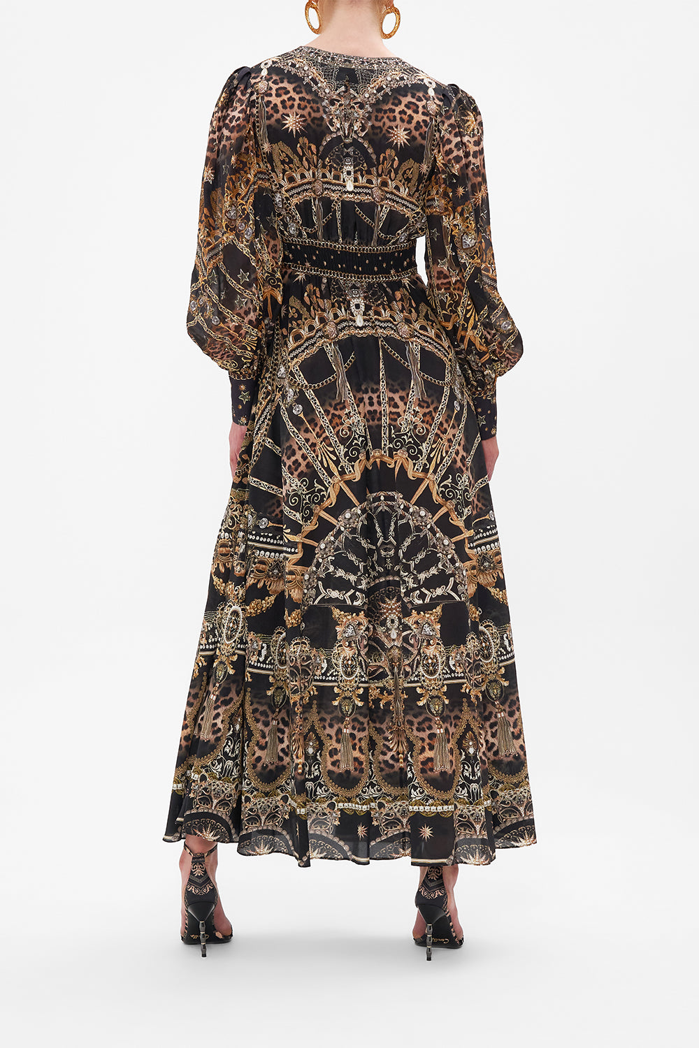 Back view of model wearing CAMILLA silk dress in Masked Moonlight print