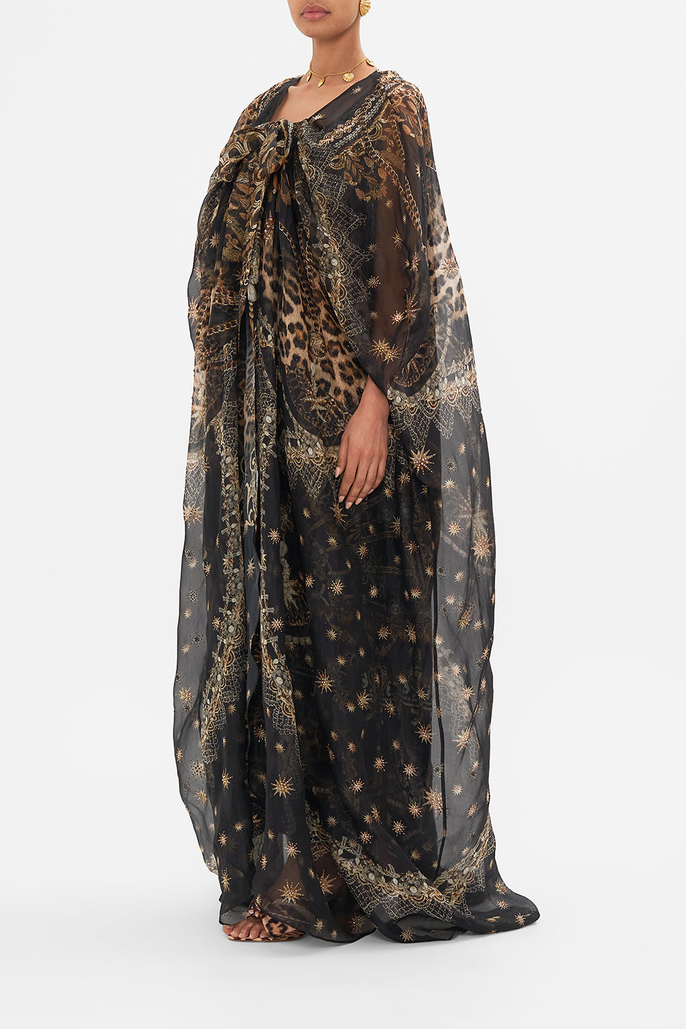 Side view of CAMILLA silk kimono layer black in Masked Moonlight print