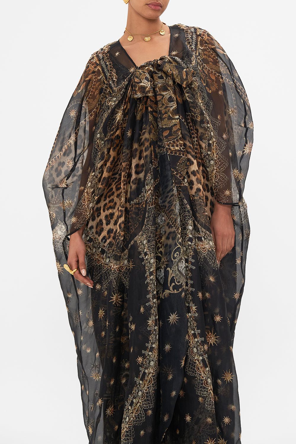 Detail view of CAMILLA silk kimono layer black in Masked Moonlight print