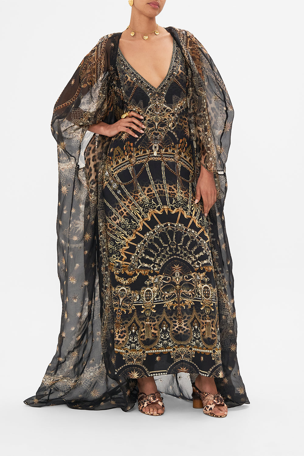 Crop view of CAMILLA silk kimono layer black in Masked Moonlight print
