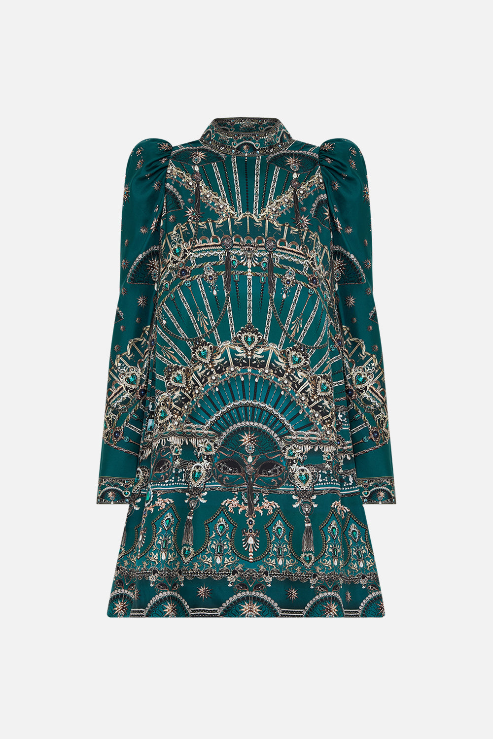 CAMILLA puff sleeve high neck mini green dress in A Venice Veil print