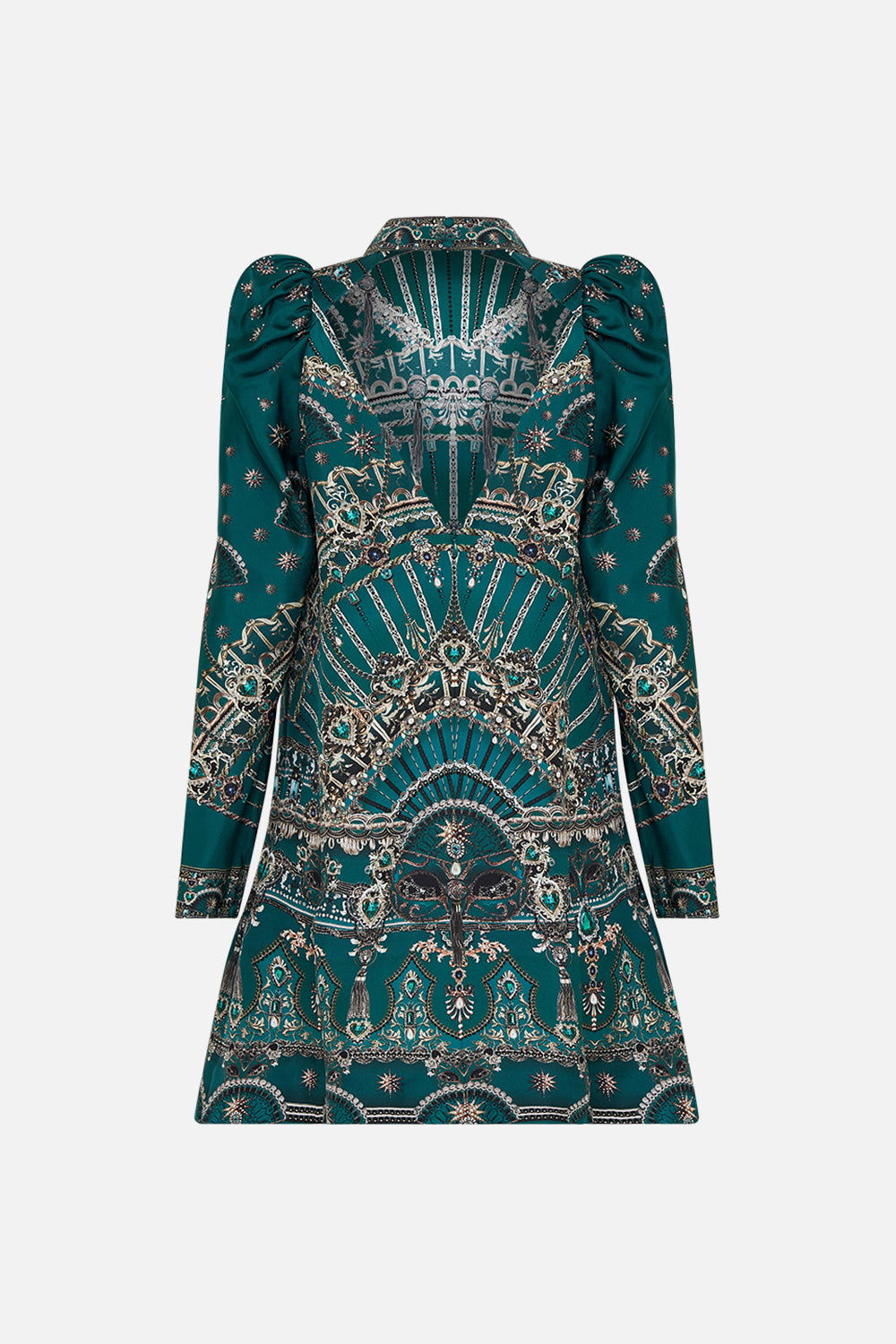 CAMILLA puff sleeve high neck mini green dress in A Venice Veil print