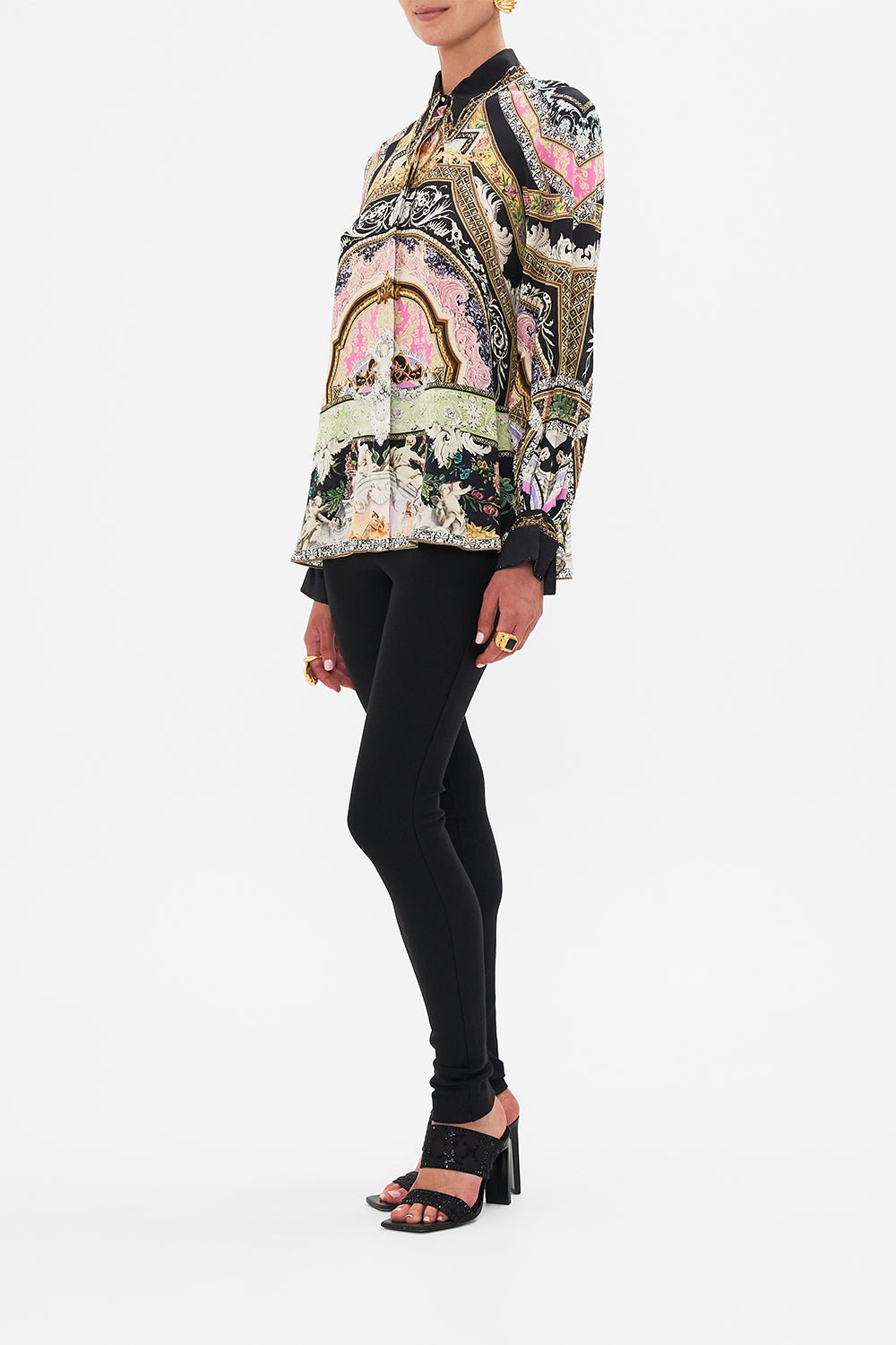 Side view of model wearing CAMILLA silk blouse in Florence Field Day print