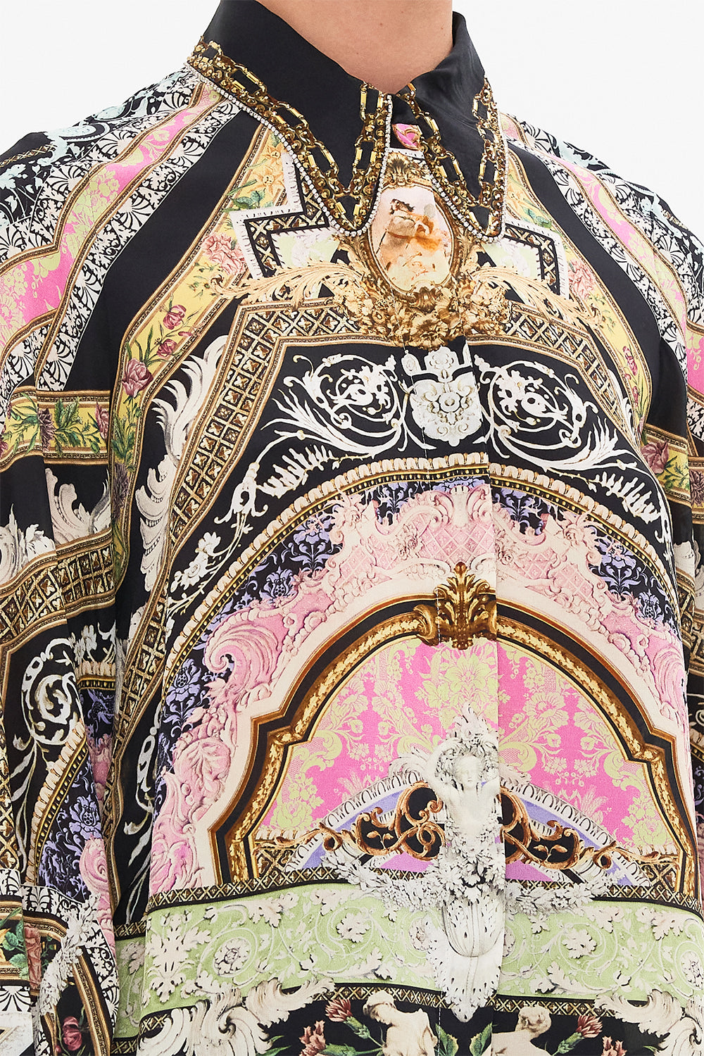 detailiew of model wearing CAMILLA silk blouse in Florence Field Day print