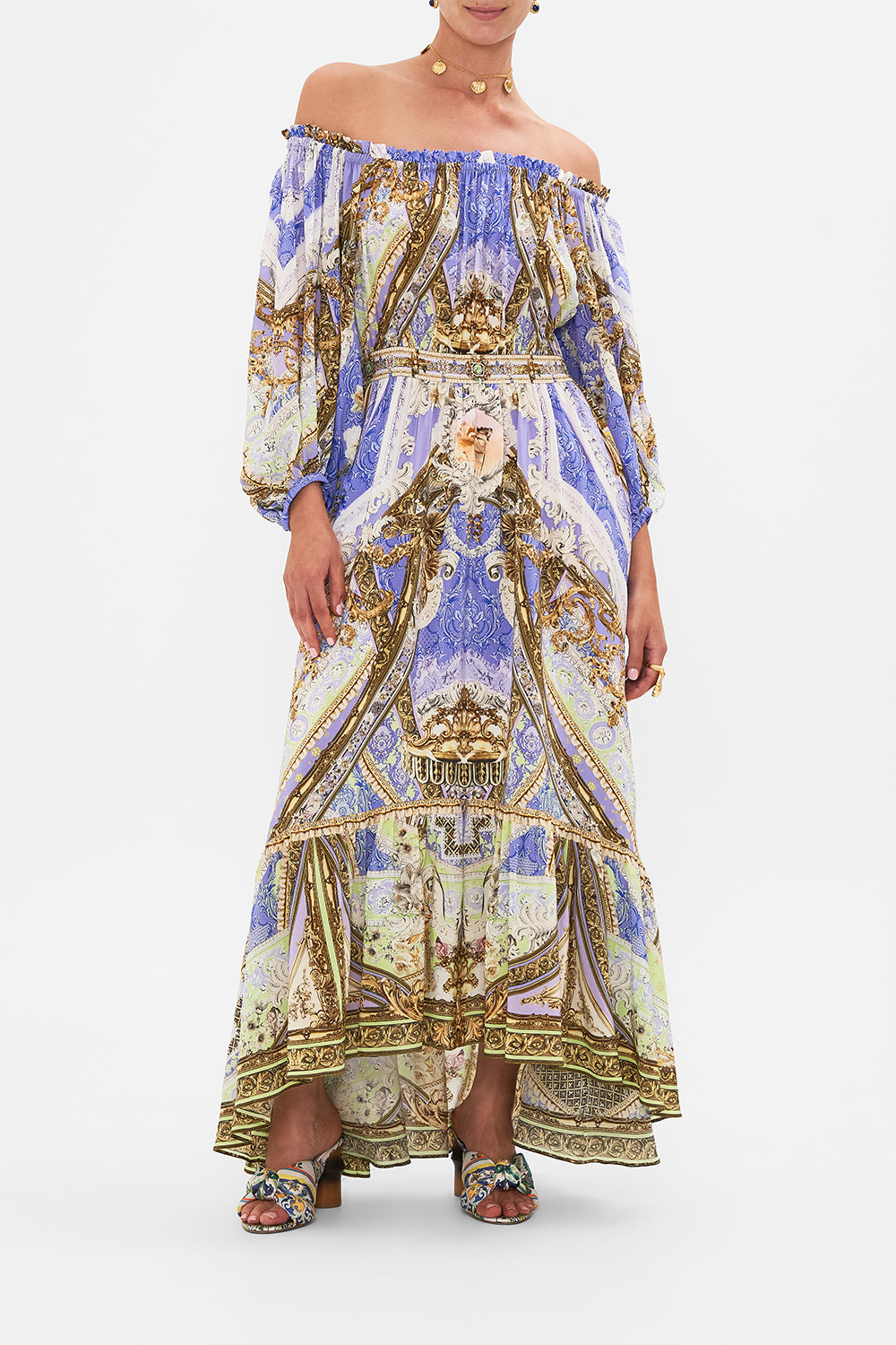 Front view of model wearing CAMILLA frill off the shoulder dress in Guilded Pleasures print