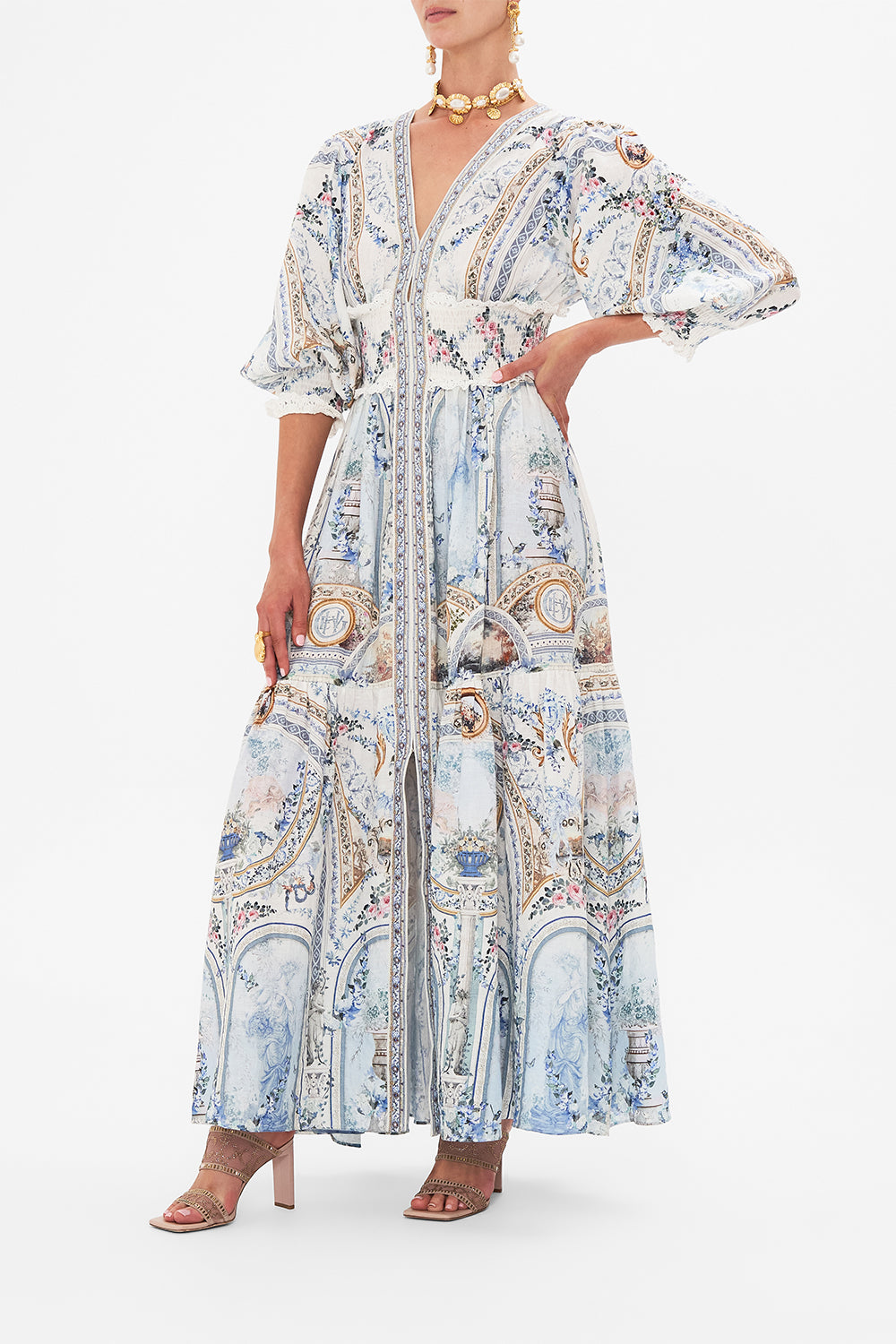 Side view of model wearing CAMILLA silk maxi dress in Season Of The Siren print