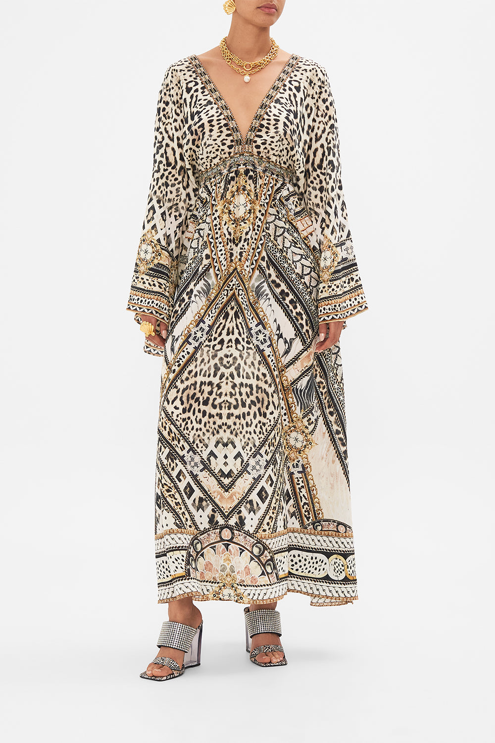 Front view of model wearing CAMILLA silk kimono dress in Mosiac Muse print