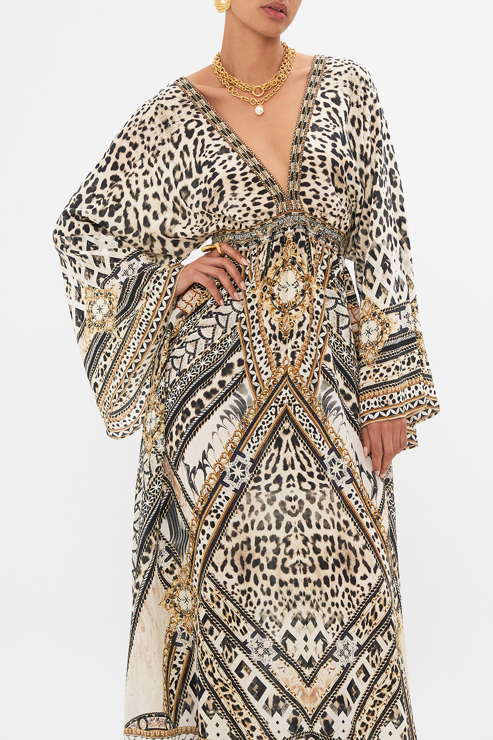 Crop view of model wearing CAMILLA silk kimono dress in Mosiac Muse print