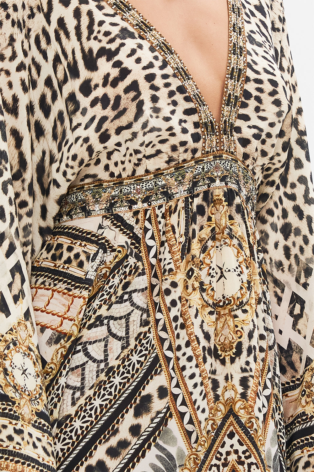 Detail view of model wearing CAMILLA silk kimono dress in Mosiac Muse print