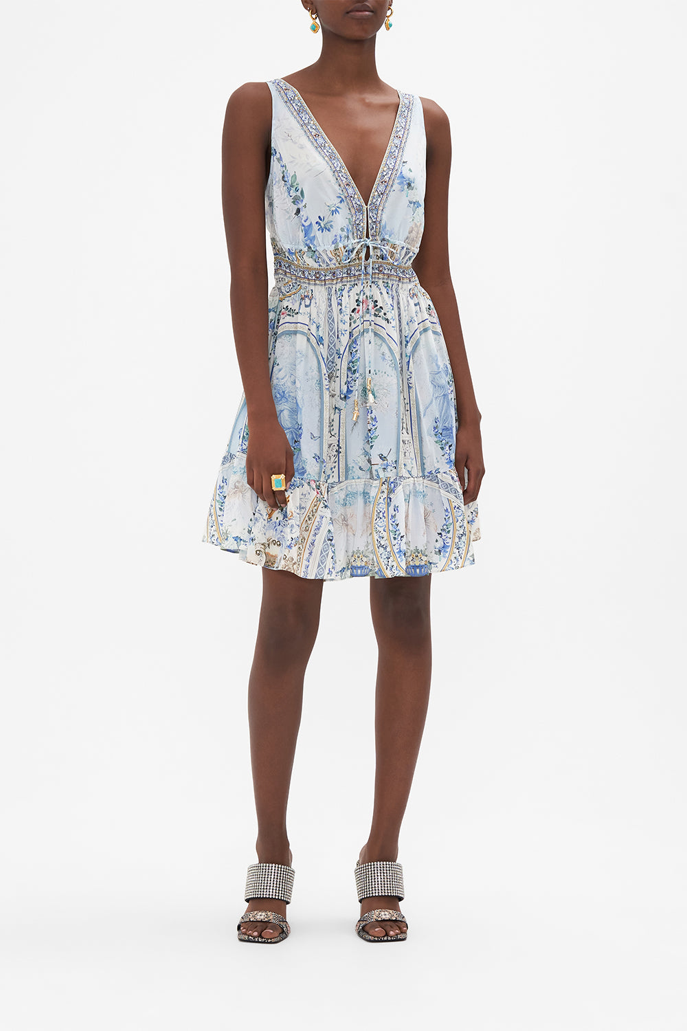 Front view of model wearing CAMILLA silk mini dress in Season of tHe Siren print