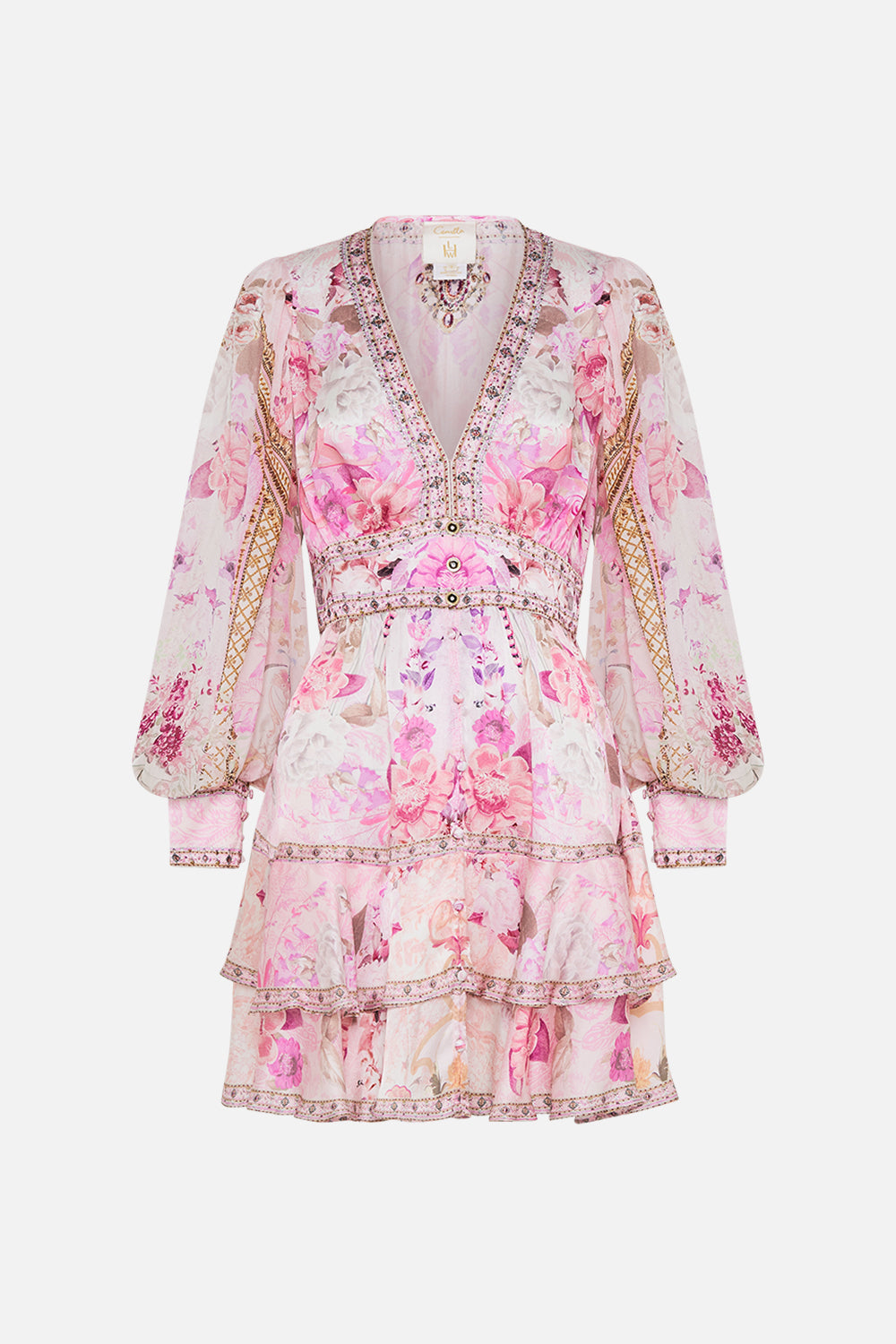 CAMILLA pink silk dress in Fresco Fairytale print