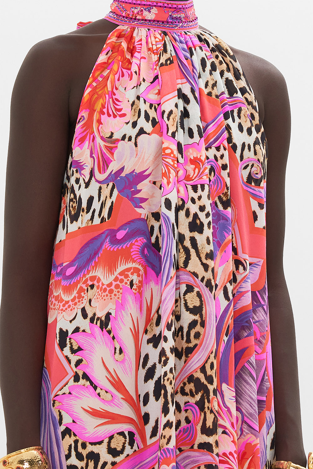 Detail view of model wearing CAMILLA silk maxi dress in Viola Vintage print