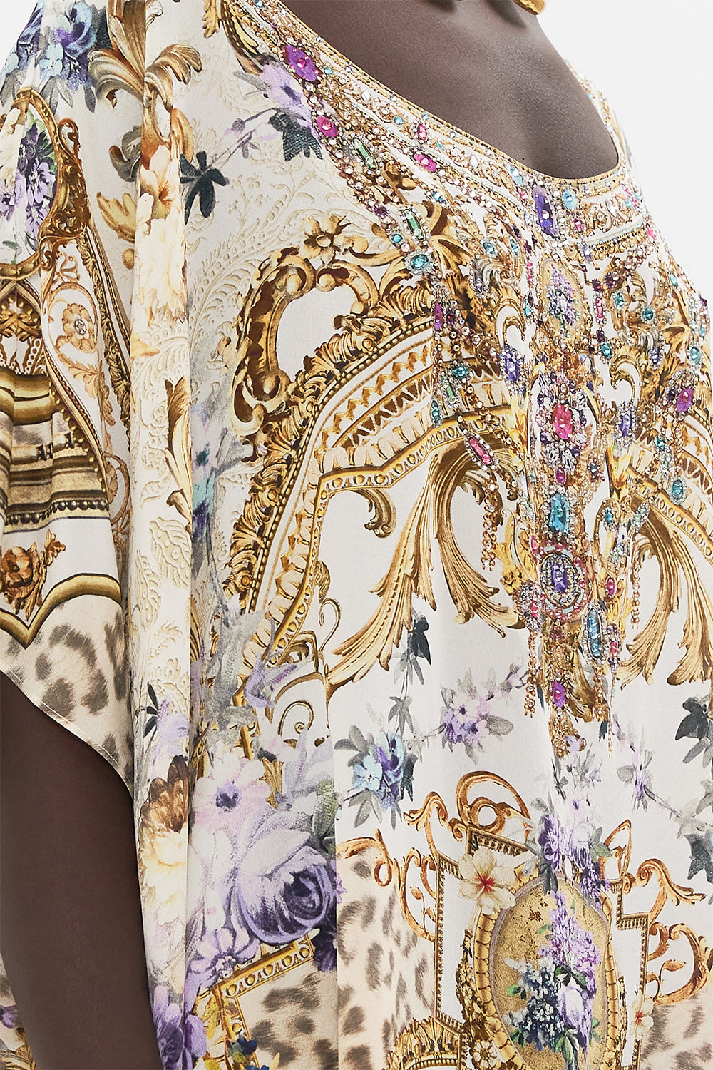 Detail view of model wearing CAMILLA silk kaftan in Palazzo Playdate print