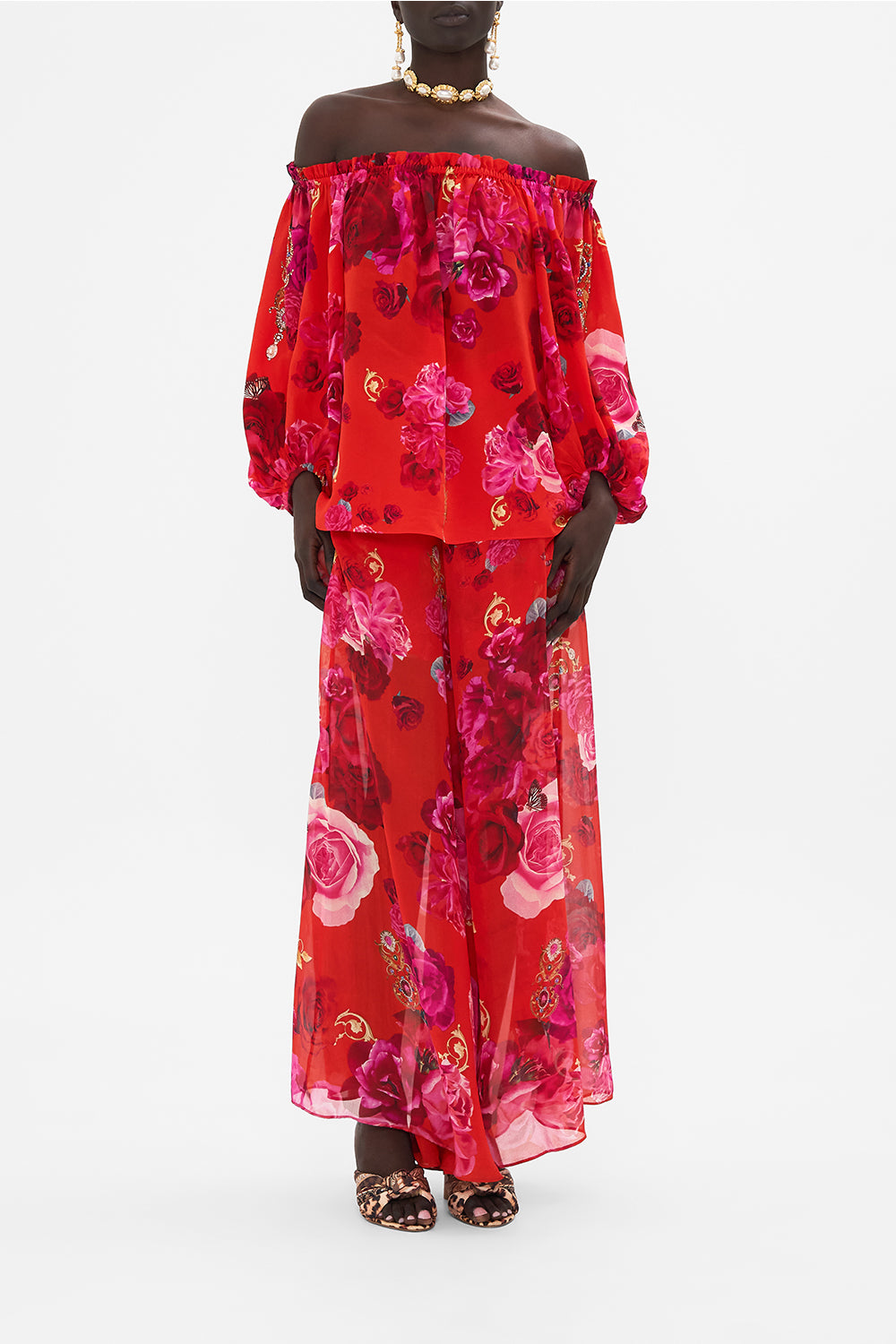 Front view of model wearing CAMILLA off the shoulder top in An Italian Rosa print