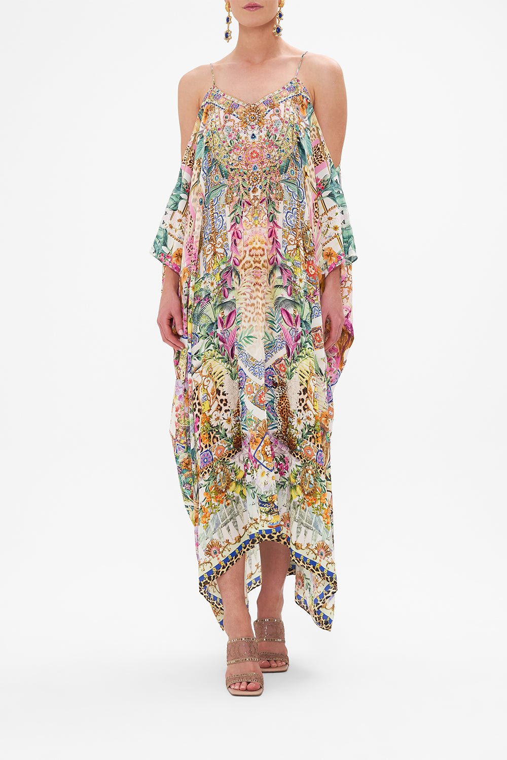 Front view of model wearing CAMILLA resortwear kaftan in Flowers Of Neptune print