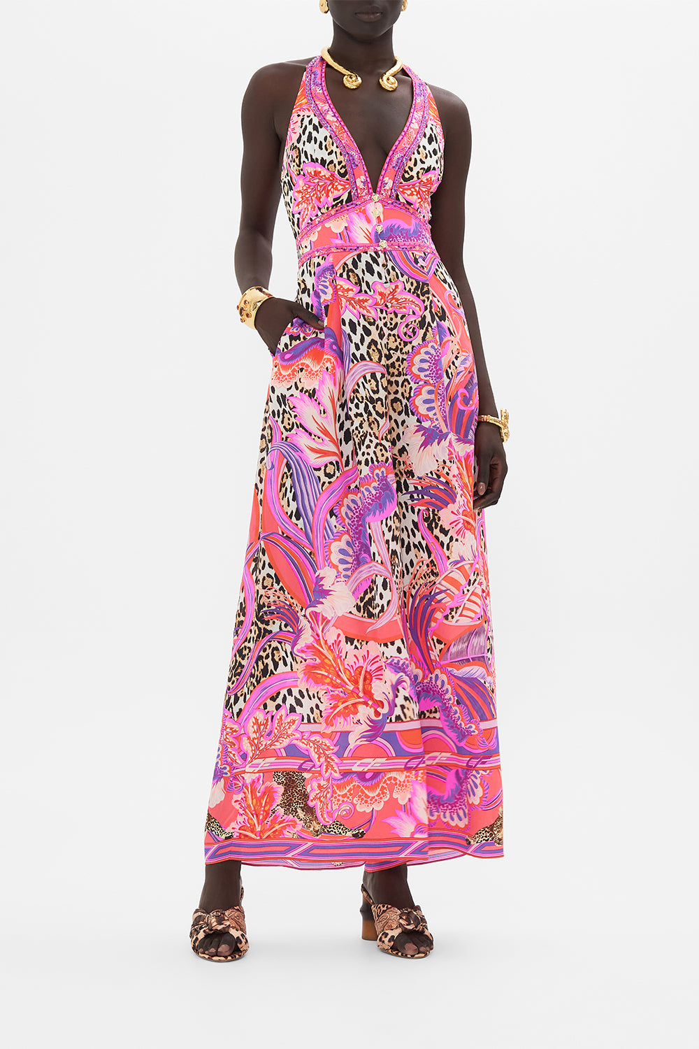 Front view of model wearing CAMILLA silk halterneck jumpsuit in Viola Vintage print