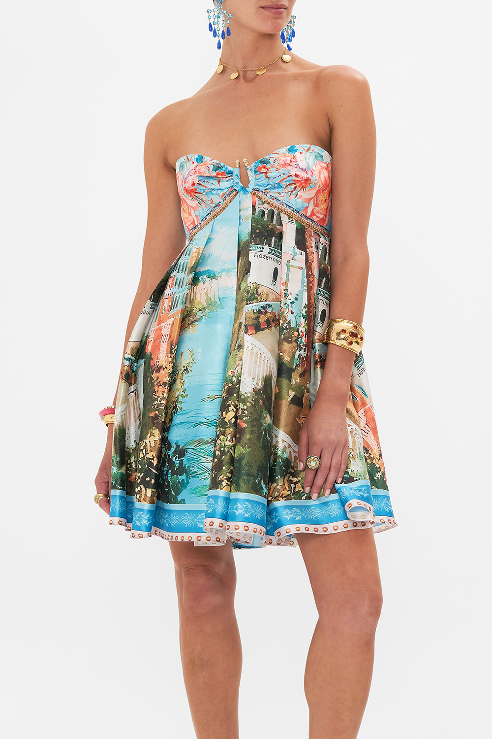 Crop view of model wearing CAMILLA taffeta mini dress in From Sorrrento With Love