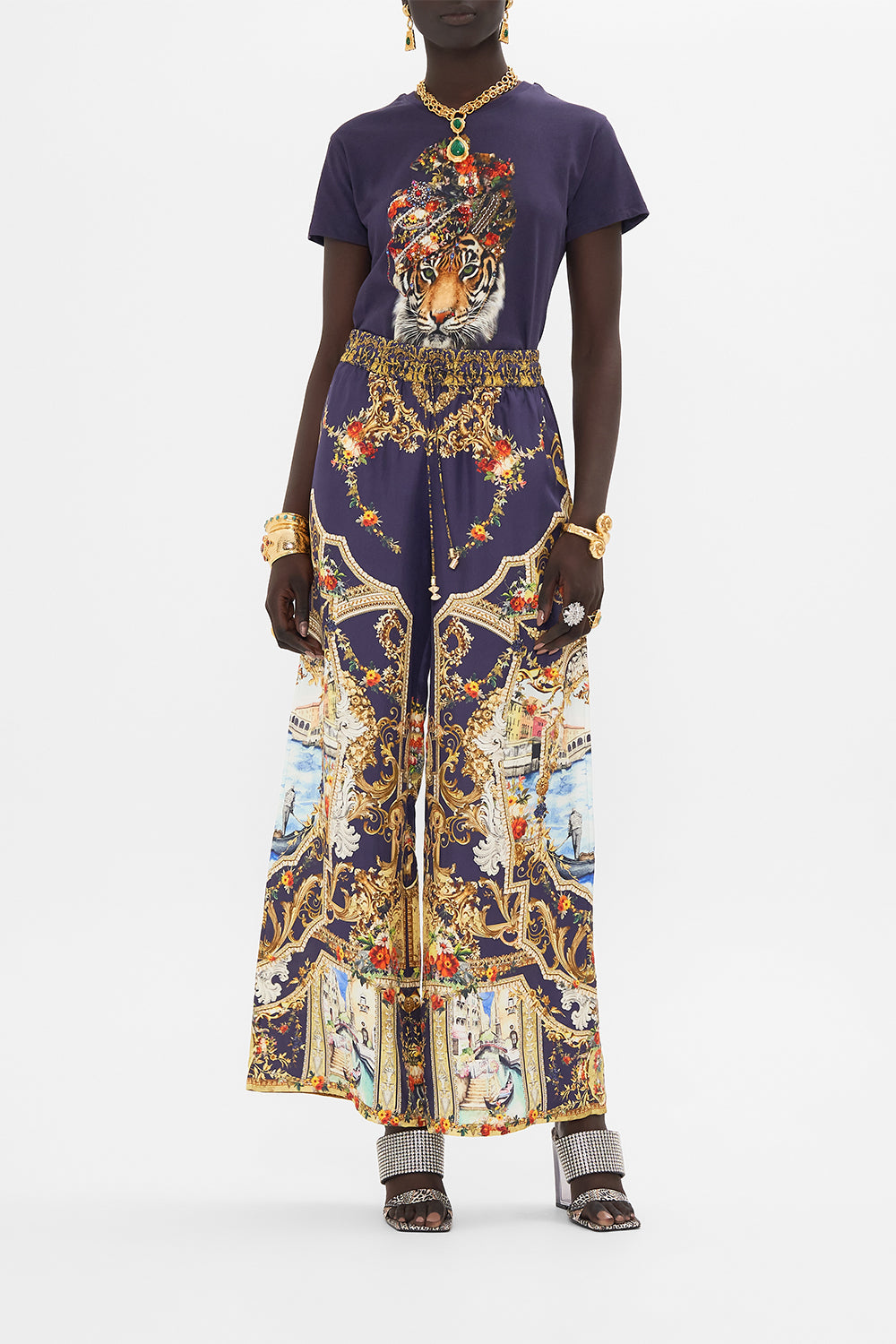 Front view of model wearing CAMILLA womens t shirt in Venice Vignette print