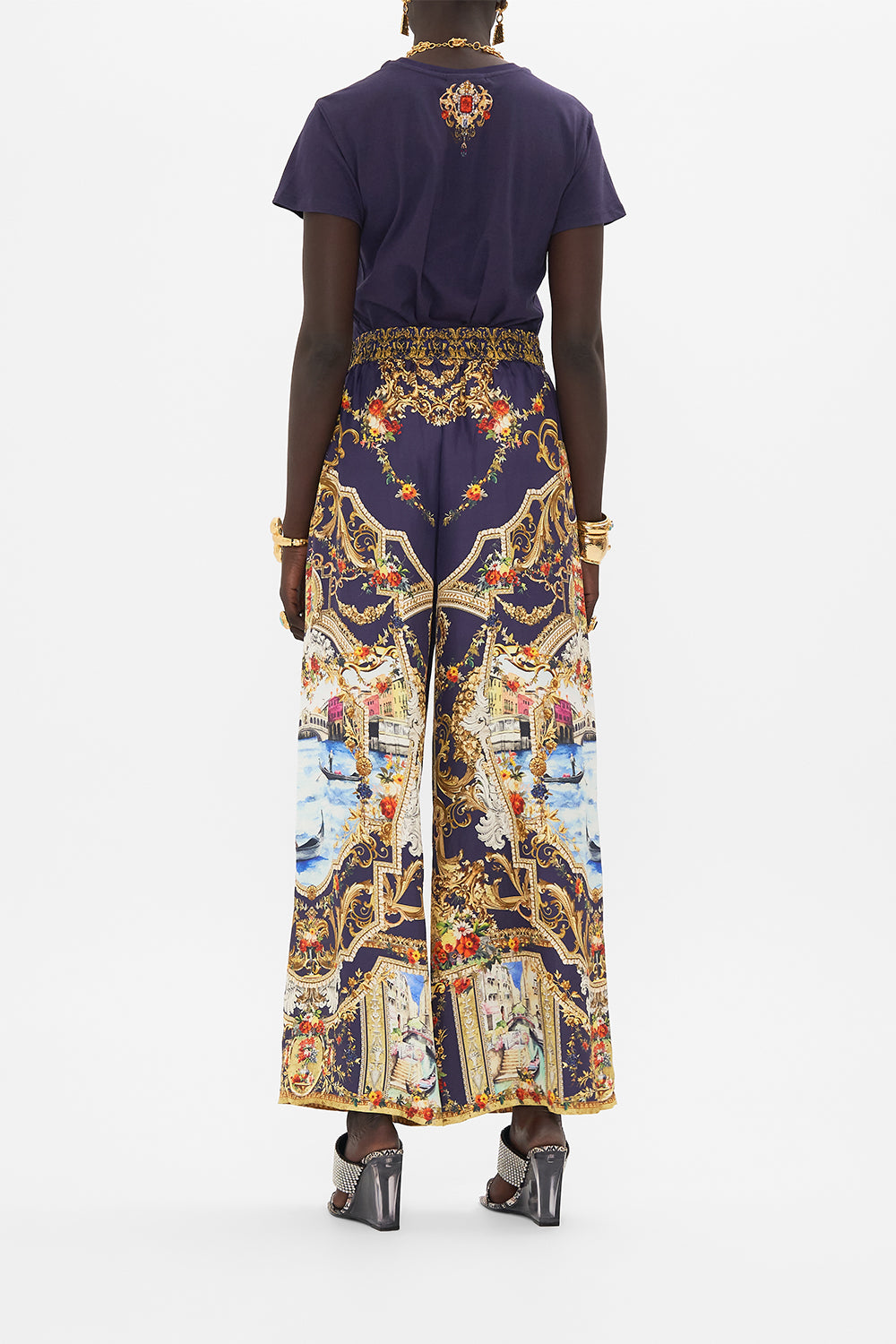 Back view of model wearing CAMILLA womens t shirt in Venice Vignette print