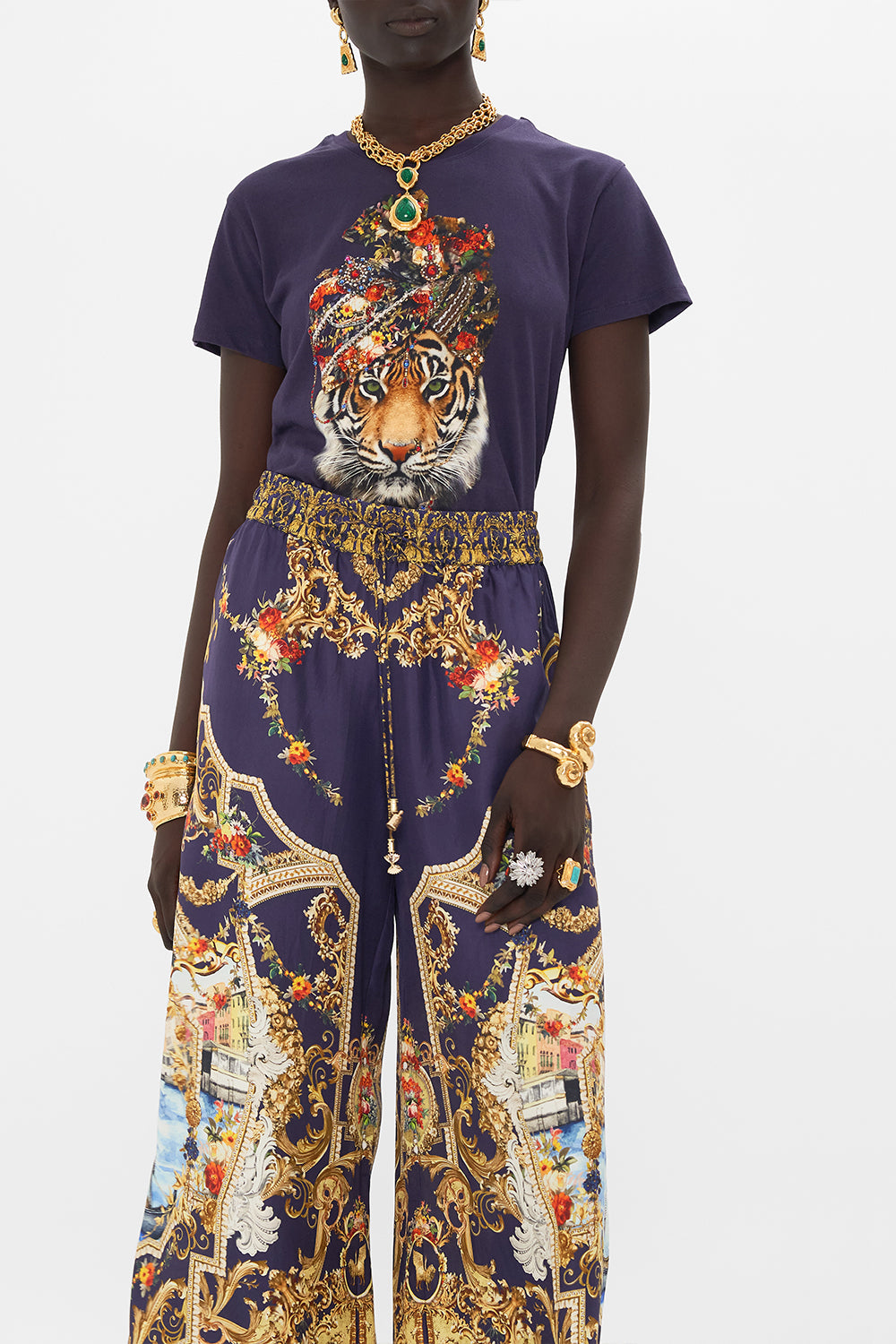 Crop view of model wearing CAMILLA womens t shirt in Venice Vignette print