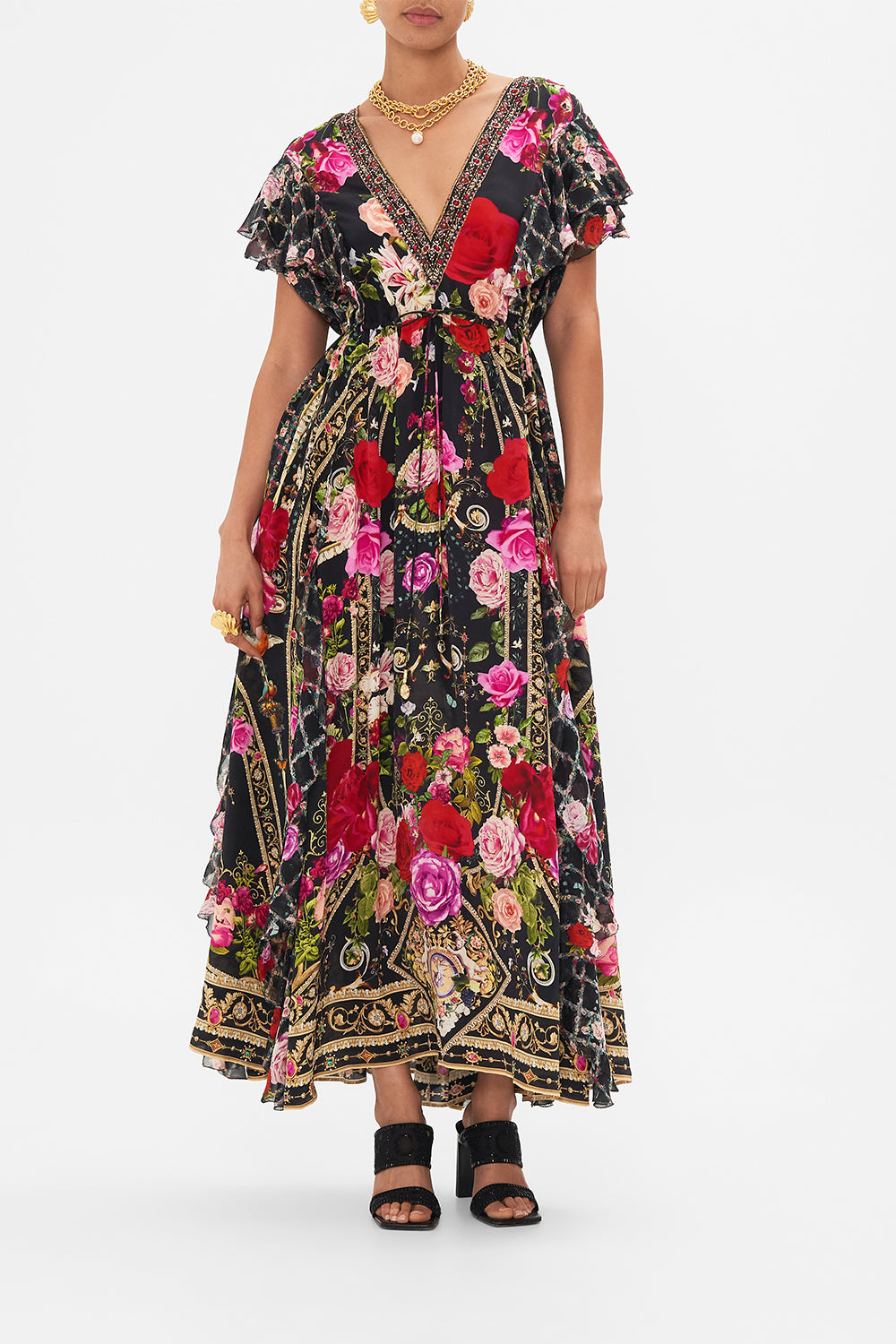 Front view of model wearing CAMILLA designer floral ruffle dress in Reservation For Love print