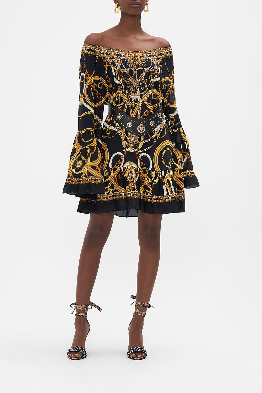 Crop view of model wearing CAMILLA A line silk dress in Coast to Coast print