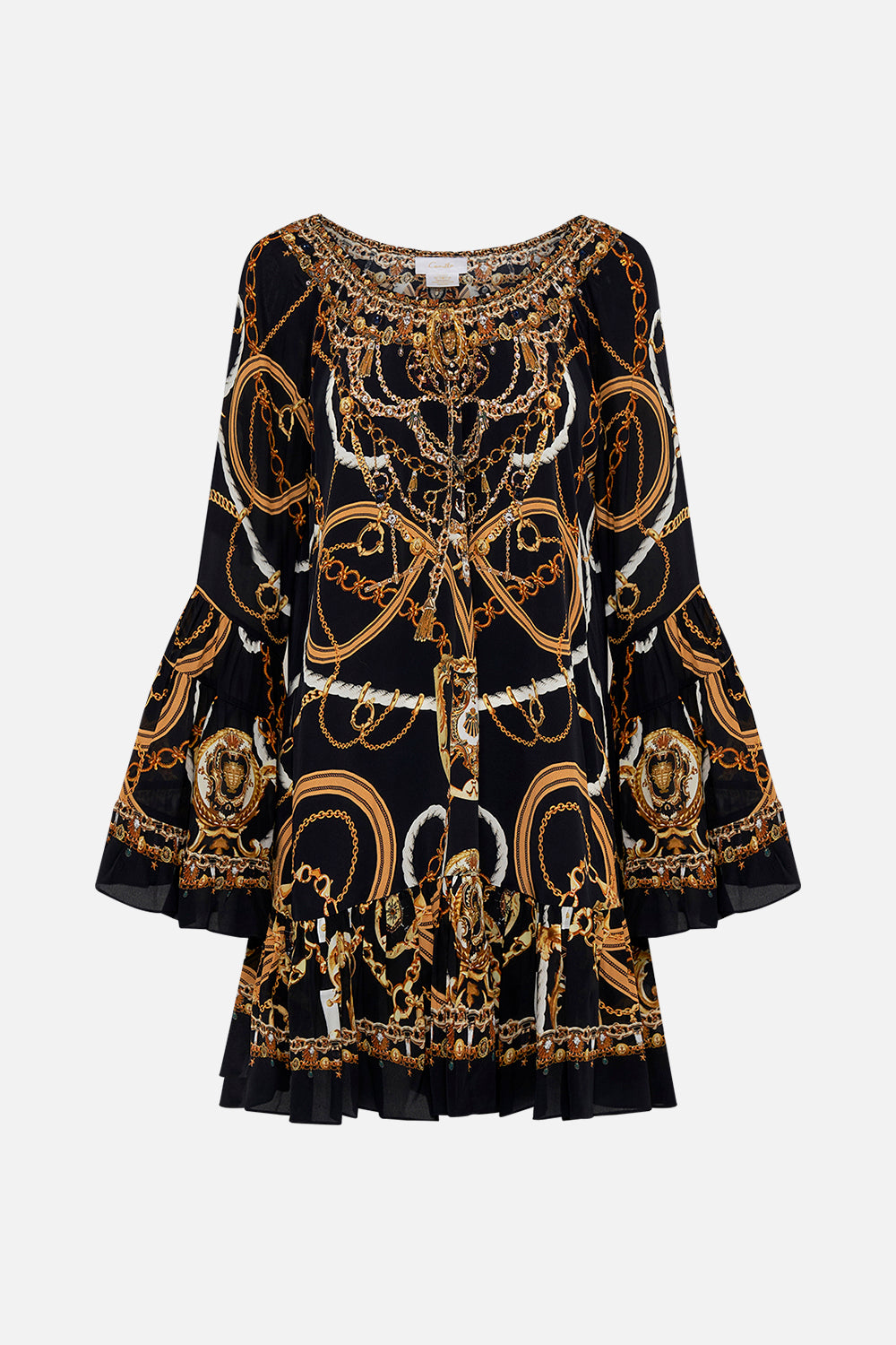 Product view of CAMILLA A line silk dress in Coast to Coast print