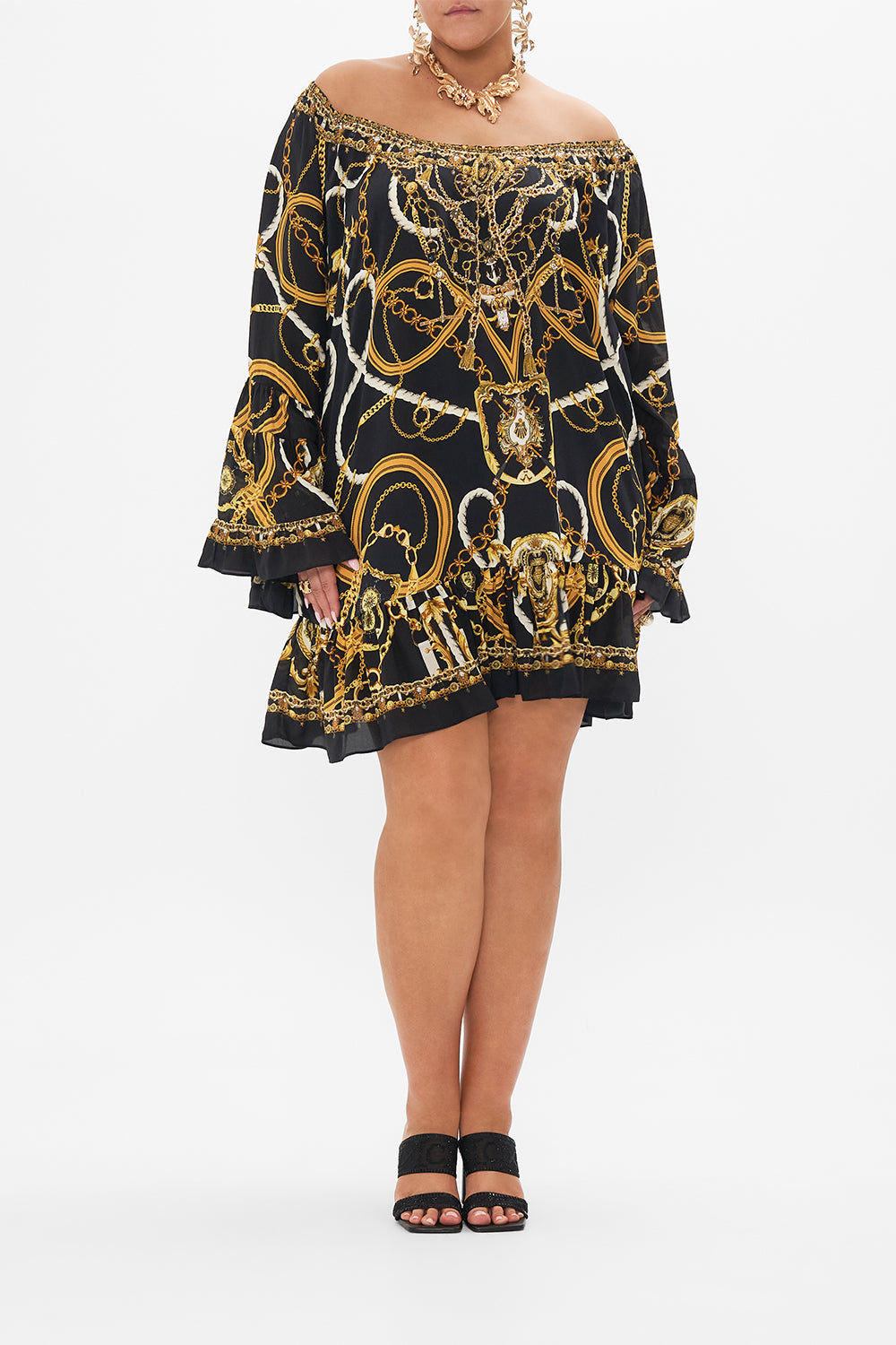 Front view of curvy model wearing CAMILLA plus size silk tunic dress in Coast To Coast print