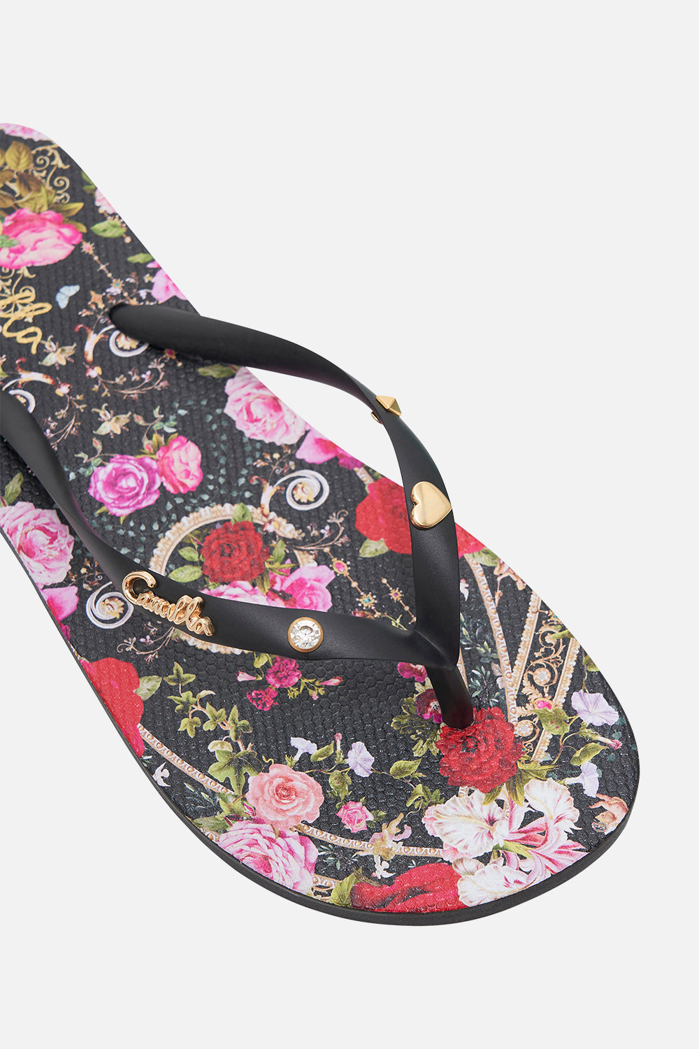Product view of CAMILLA womens resortwear thongs in Reservation For Love print