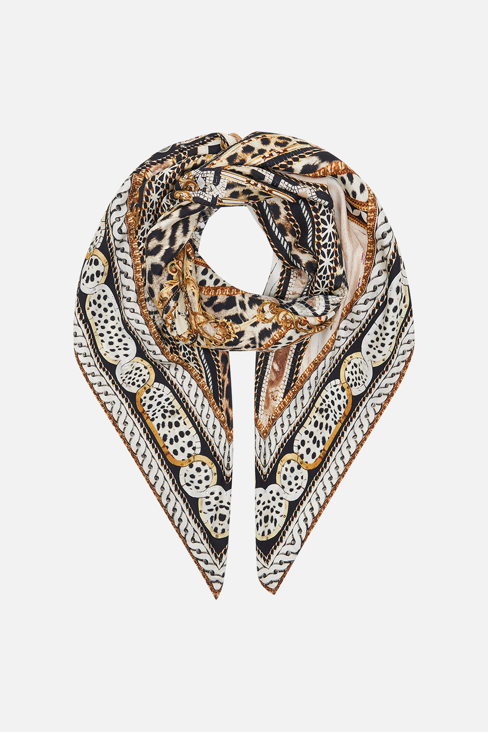Product view of CAMILLAanimal print silk square scarf in Mosaic Muse